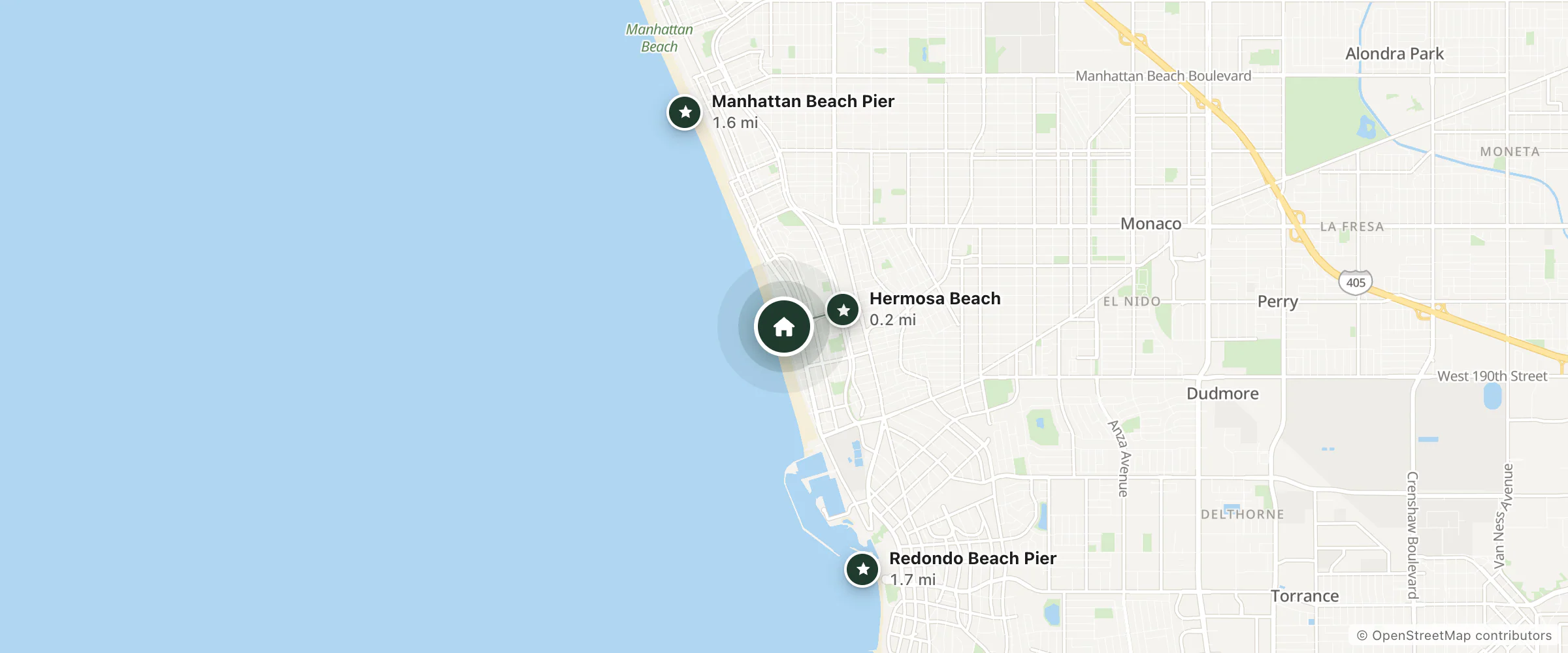 Map of Beach House Hotel Hermosa Beach and nearby Hermosa Beach, Manhattan Beach Pier and Redondo Beach Pier