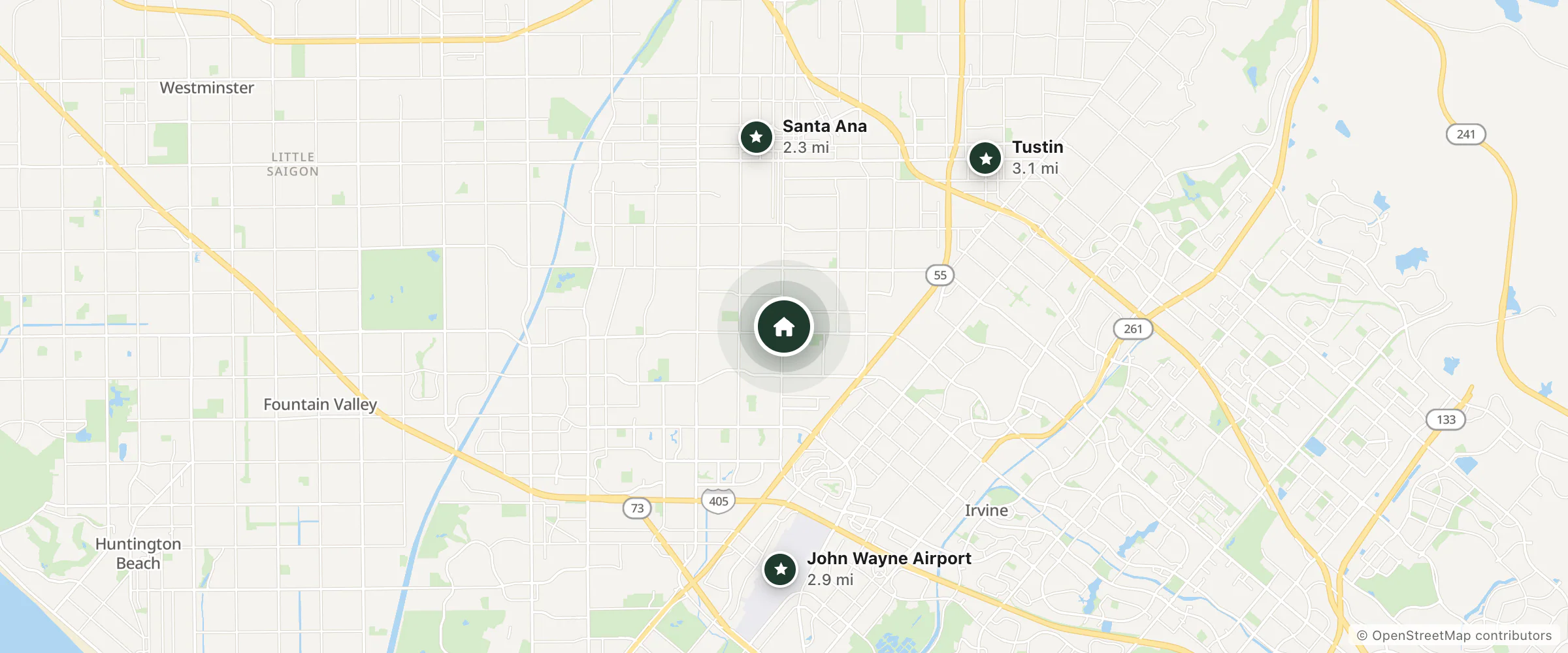 Map of Palm Motel and nearby Santa Ana, John Wayne Airport and Tustin