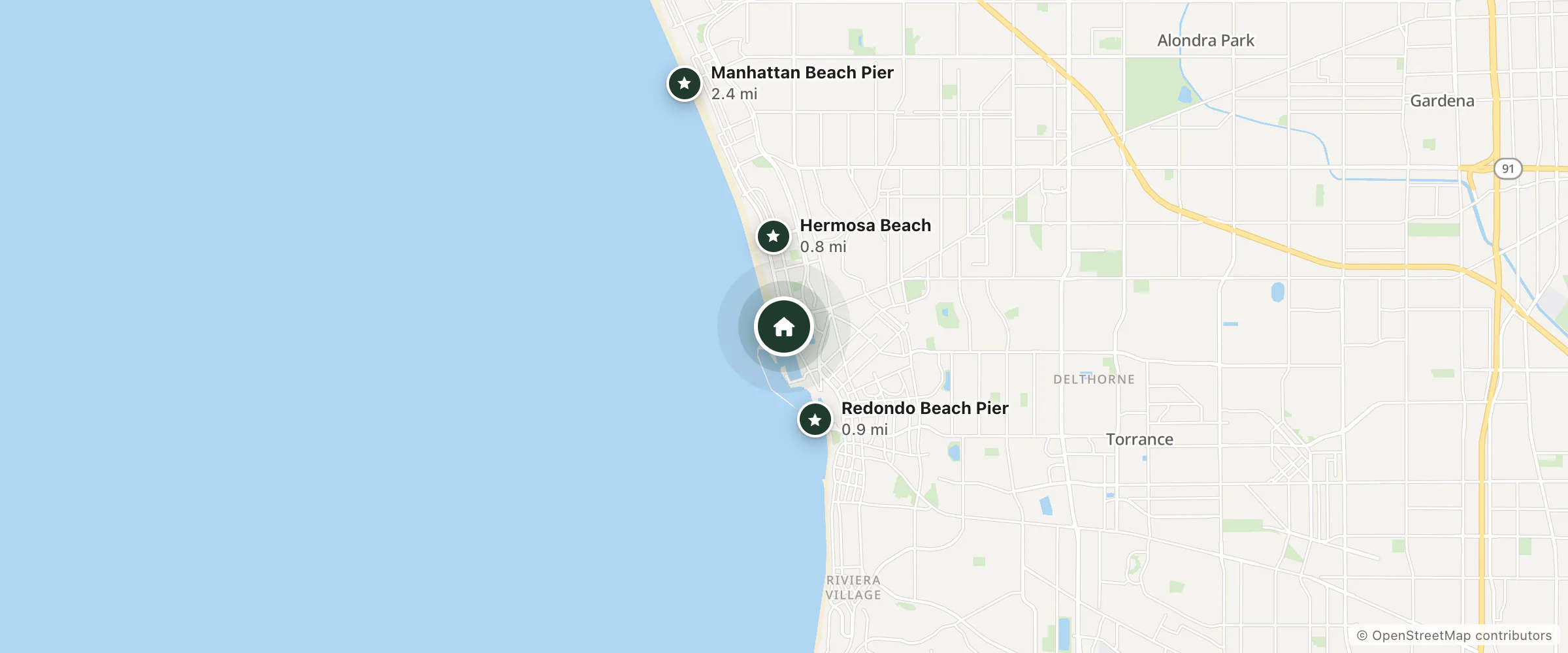 Map of National at the Waterfront and nearby Hermosa Beach, Redondo Beach Pier and Manhattan Beach Pier
