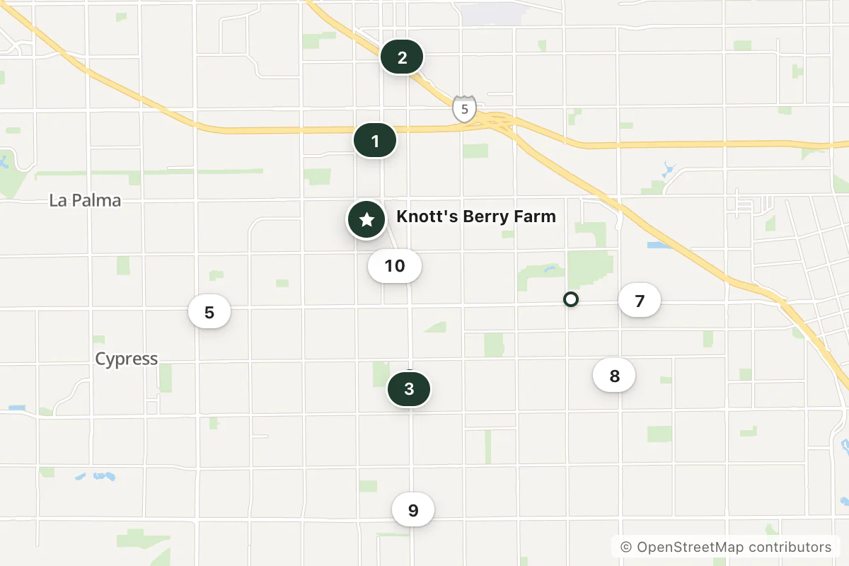 Map of the top 12 hotels for this question around Knott's Berry Farm