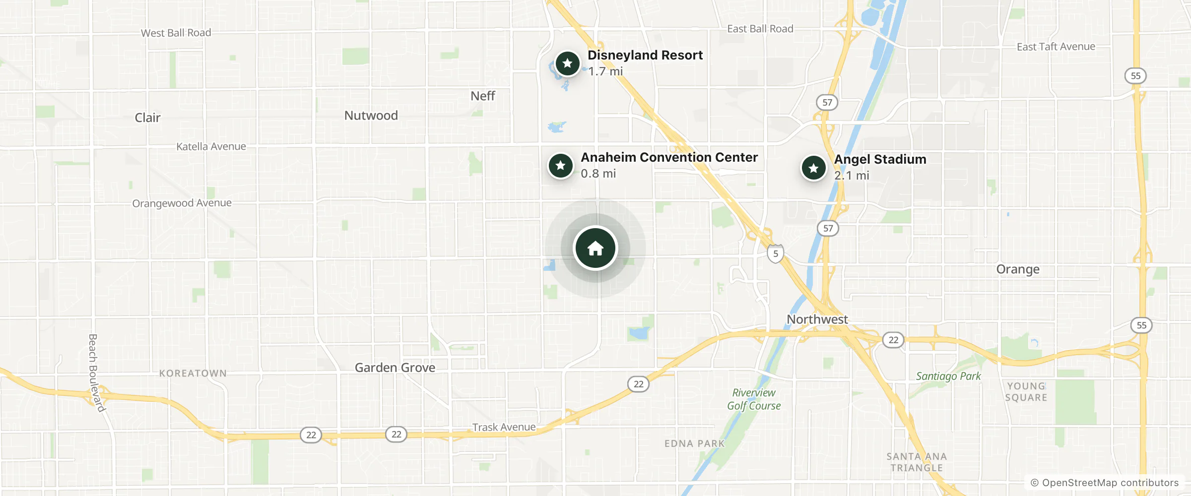 Map of Residence Inn and nearby Anaheim Convention Center, Disneyland Resort and Angel Stadium