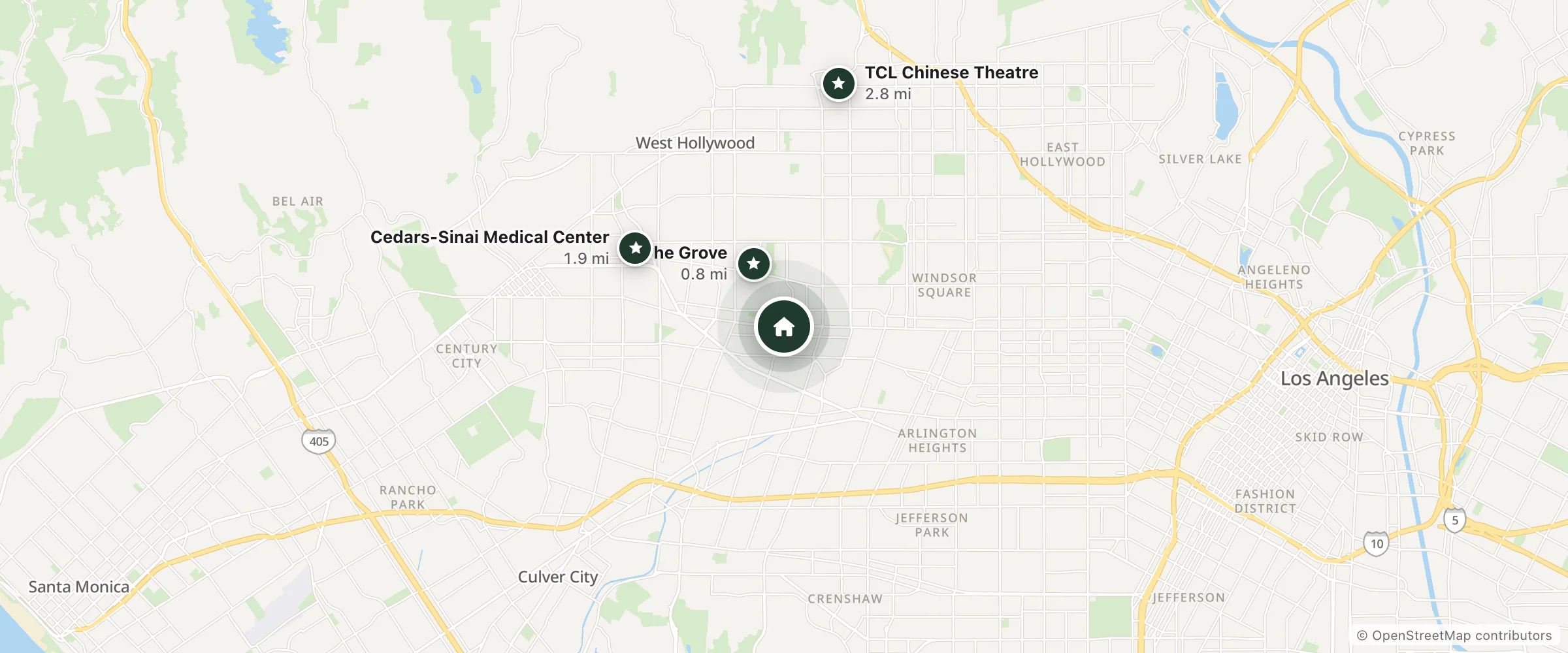 Map of The Angeles Hostel and nearby The Grove, Cedars-Sinai Medical Center and TCL Chinese Theatre