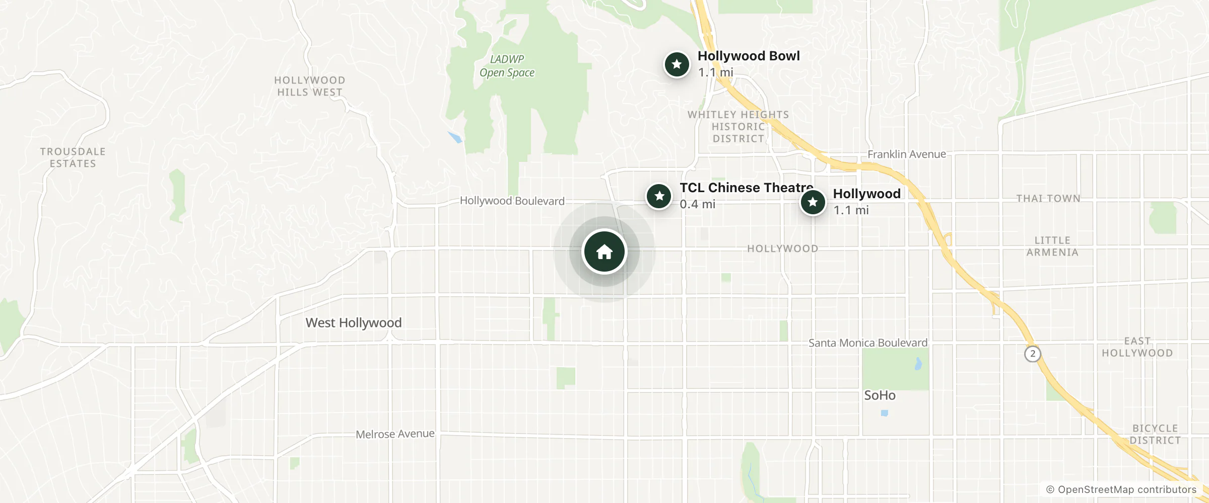 Map of Hollywood Studio Inn & Suites and nearby TCL Chinese Theatre, Hollywood Bowl and Hollywood
