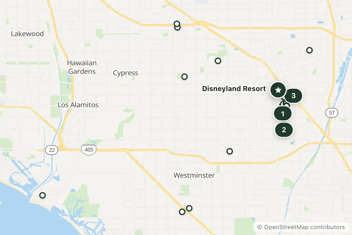 Map of the top 22 hotels for this question around Disneyland Resort