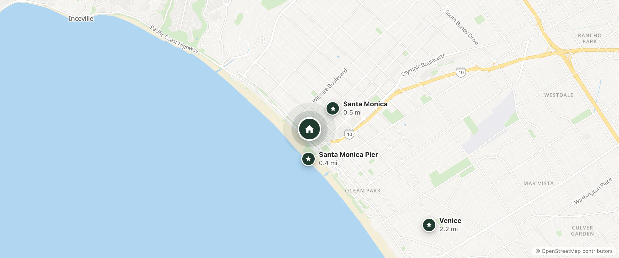 Map of Edifice Suites and nearby Santa Monica Pier, Santa Monica and Venice