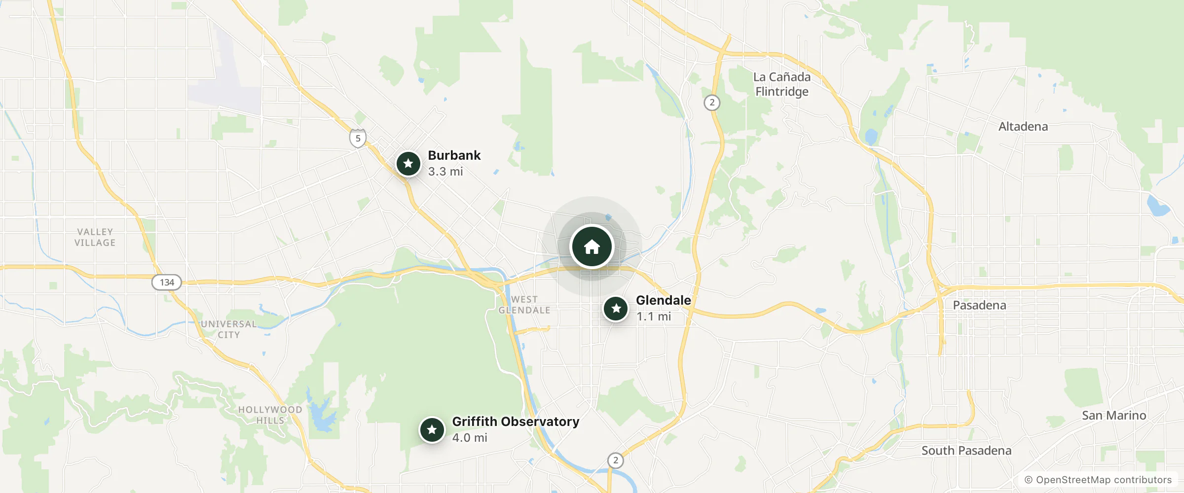 Map of The Glenmark, Glendale, a Tribute Portfolio Hotel and nearby Glendale, Burbank and Griffith Observatory