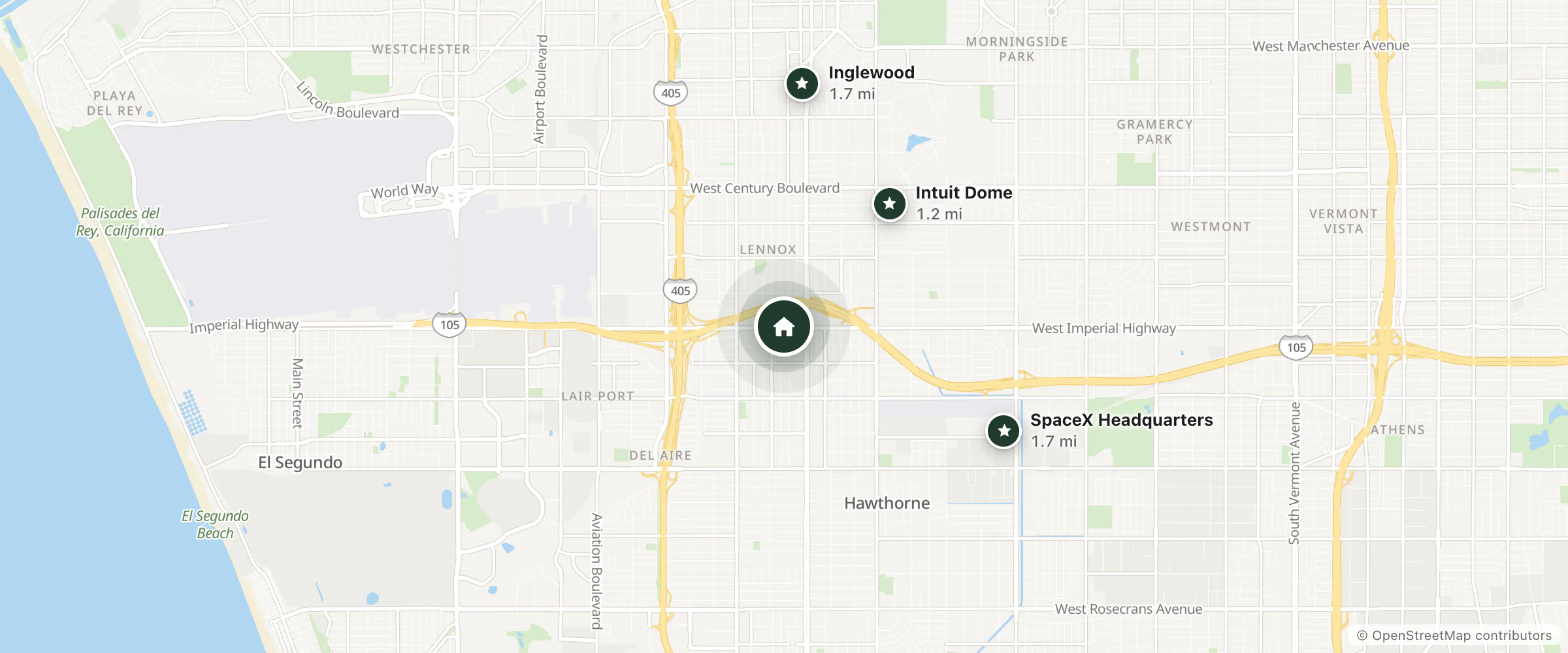Map of LAX Stadium Inn and nearby Intuit Dome, SpaceX Headquarters and Inglewood