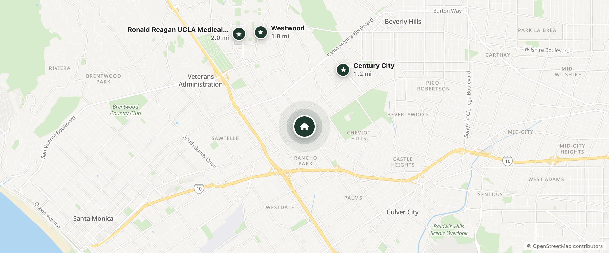 Map of Selby Ave Guest House and nearby Century City, Westwood and Ronald Reagan UCLA Medical Center