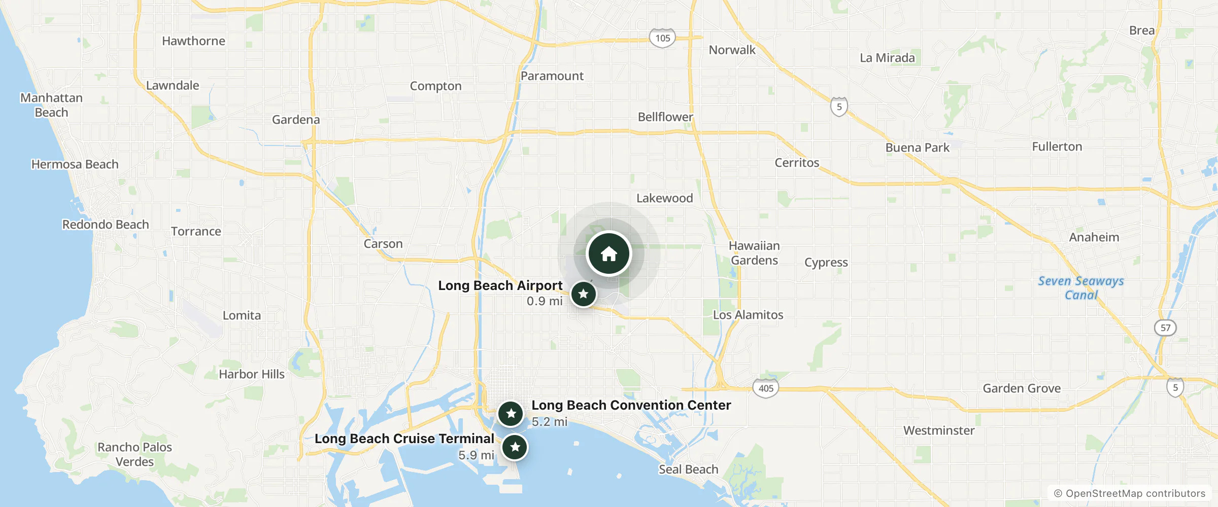 Map of Courtyard By Marriott and nearby Long Beach Airport, Long Beach Convention Center and Long Beach Cruise Terminal