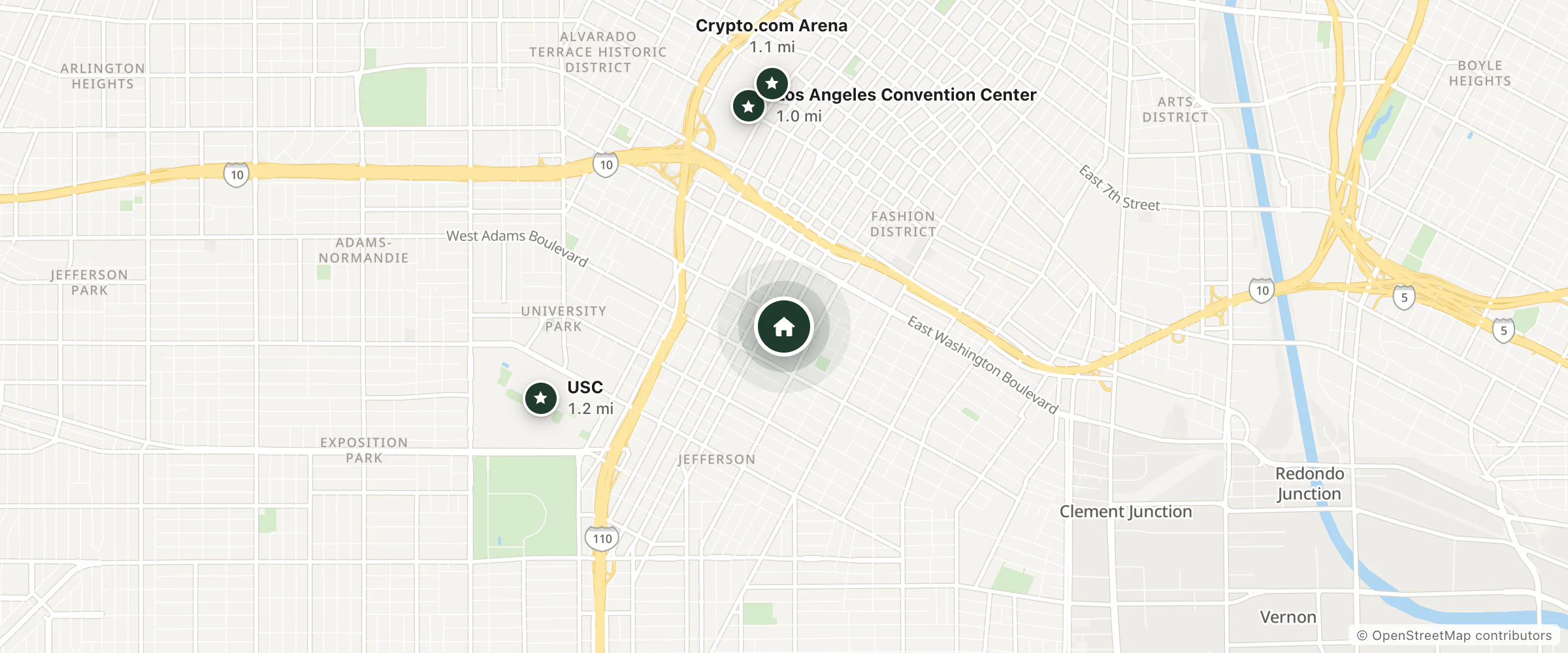 Map of Casitas Motel and nearby Los Angeles Convention Center, Crypto.com Arena and USC