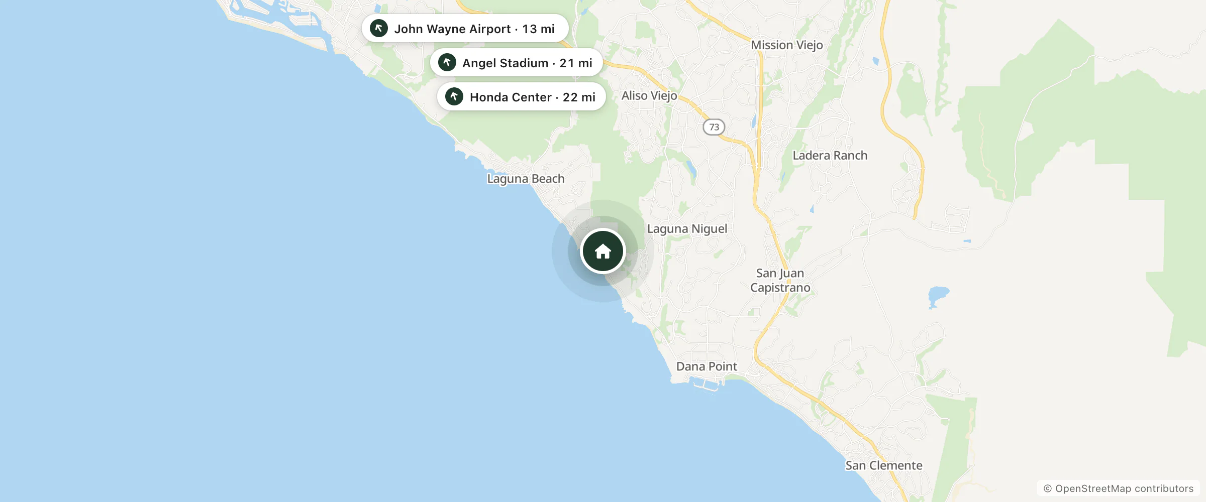 Map of The Ranch at Laguna Beach and nearby John Wayne Airport, Angel Stadium and Honda Center