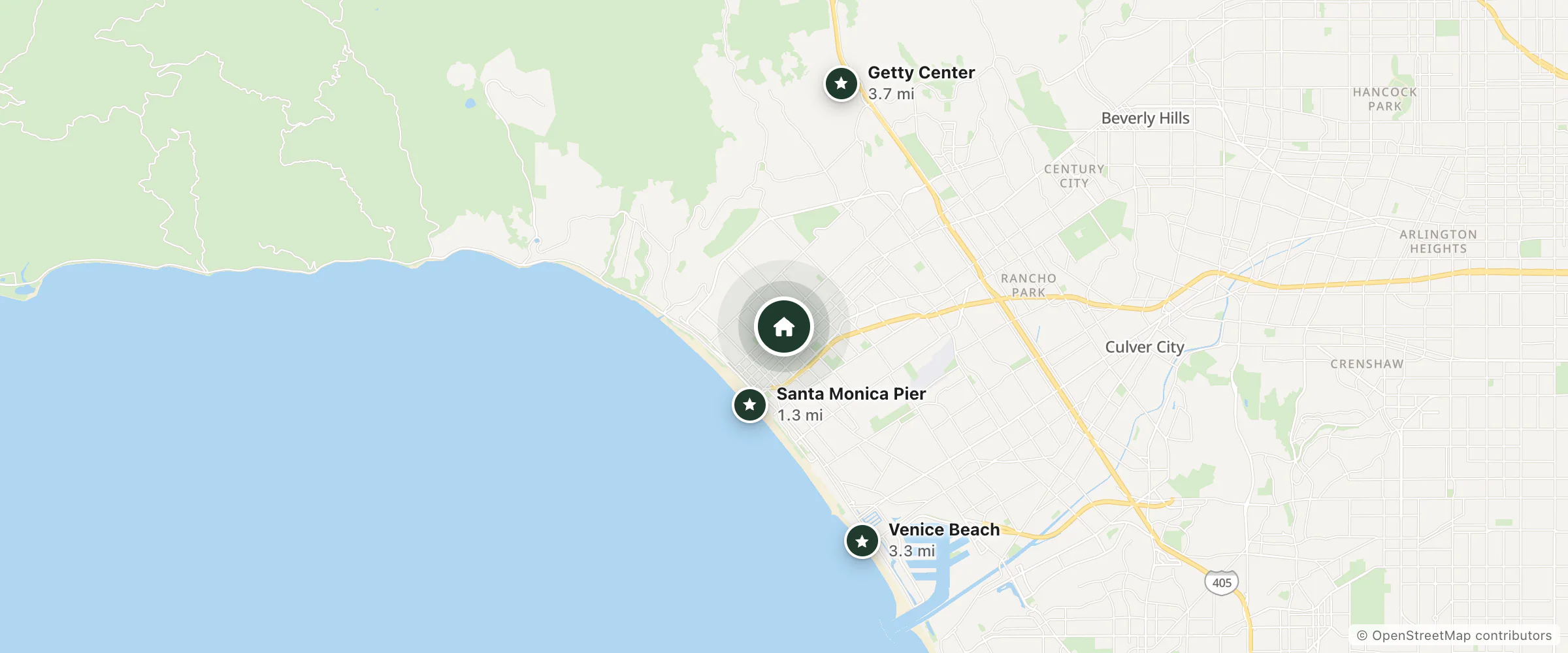 Map of Calmada Resort and nearby Santa Monica Pier, Venice Beach and Getty Center