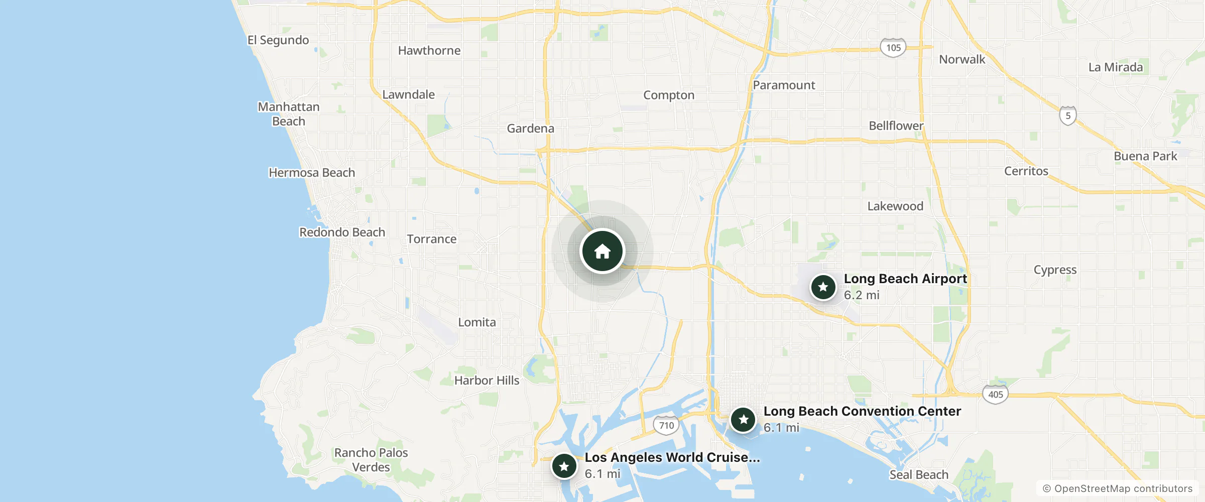 Map of DoubleTree by Hilton Hotel Carson and nearby Los Angeles World Cruise Center, Long Beach Convention Center and Long Beach Airport