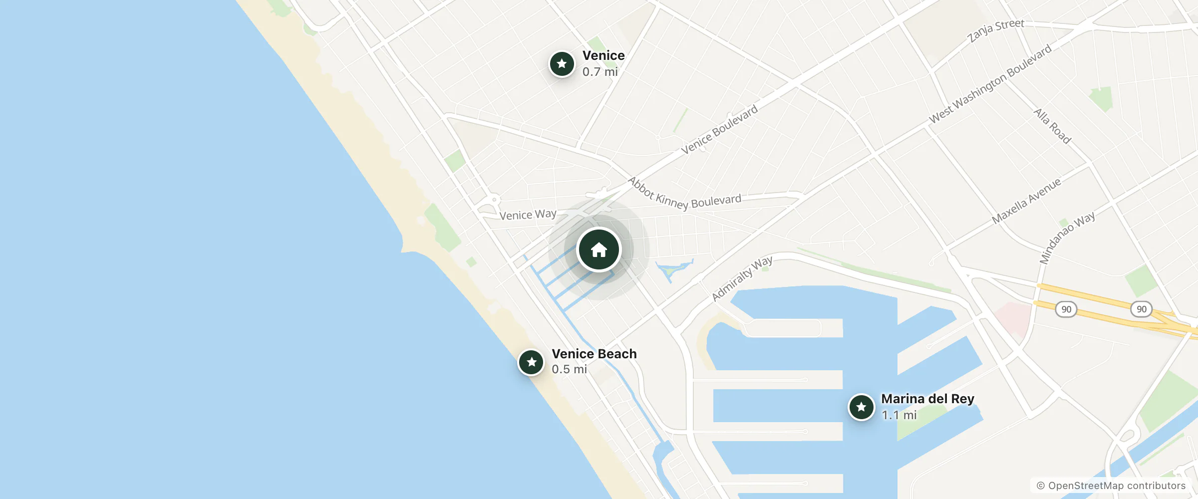 Map of Venice Canal Cottage and nearby Venice Beach, Venice and Marina del Rey