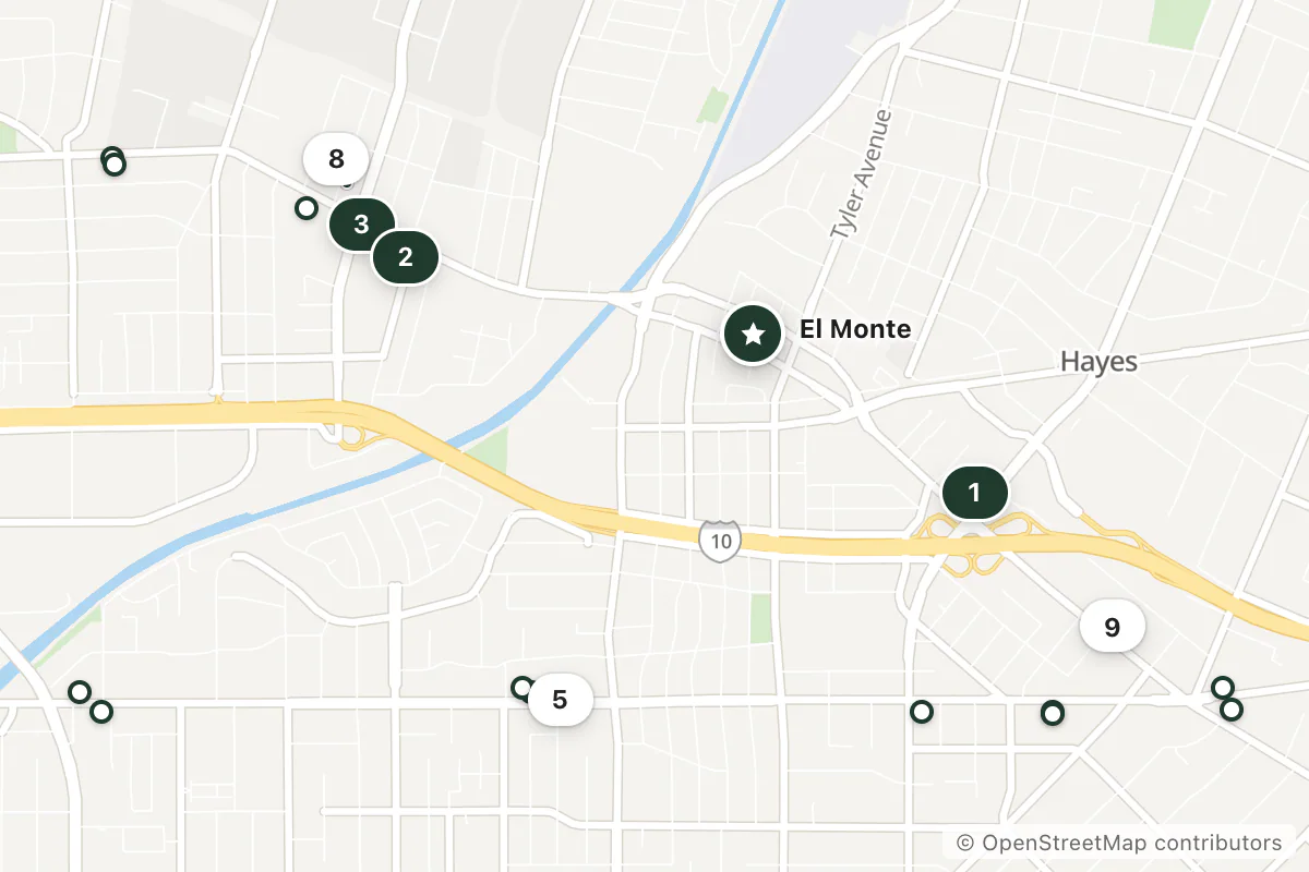 Map of the top 19 hotels for this question around El Monte
