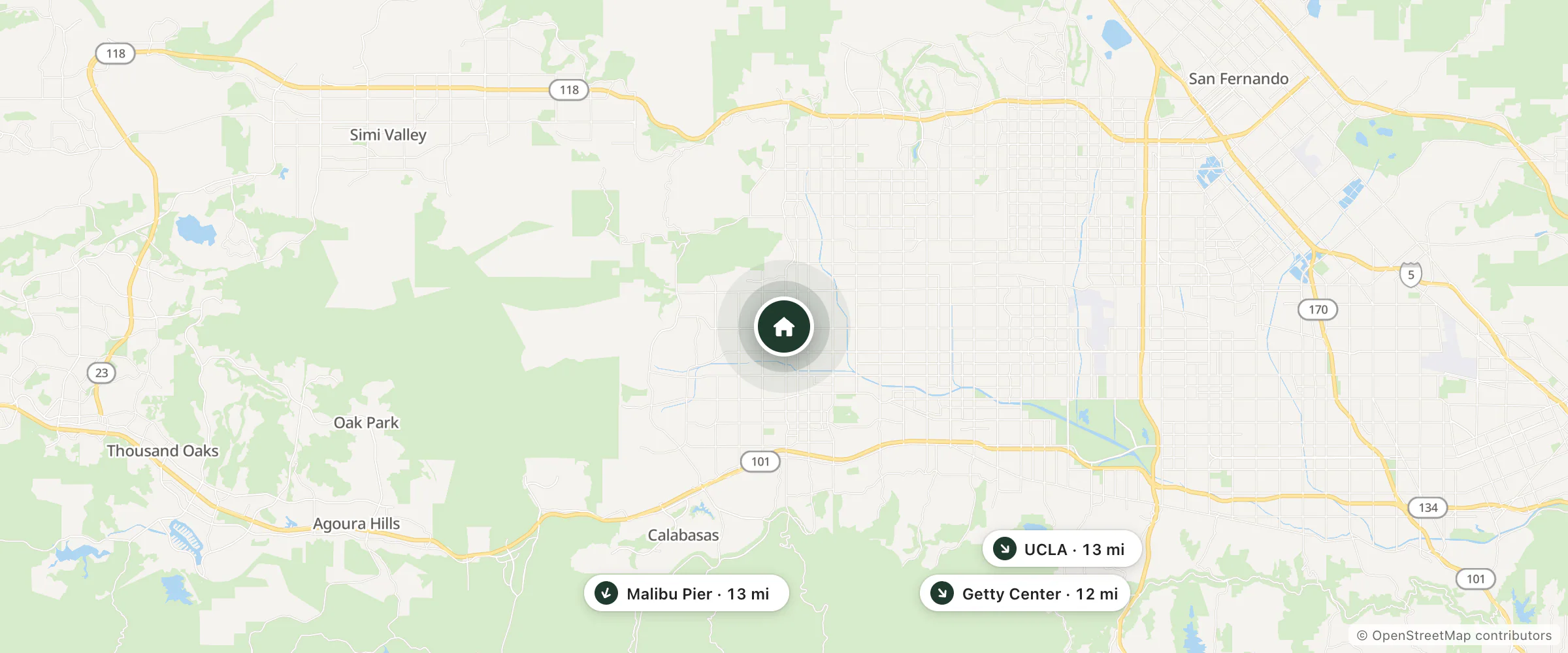 Map of Super 8 by Wyndham Canoga Park and nearby Getty Center, Malibu Pier and UCLA