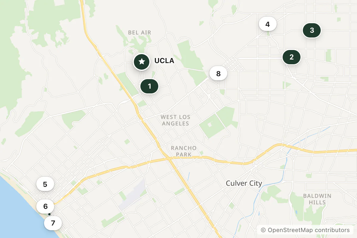 Map of the top 8 hotels for this question around UCLA