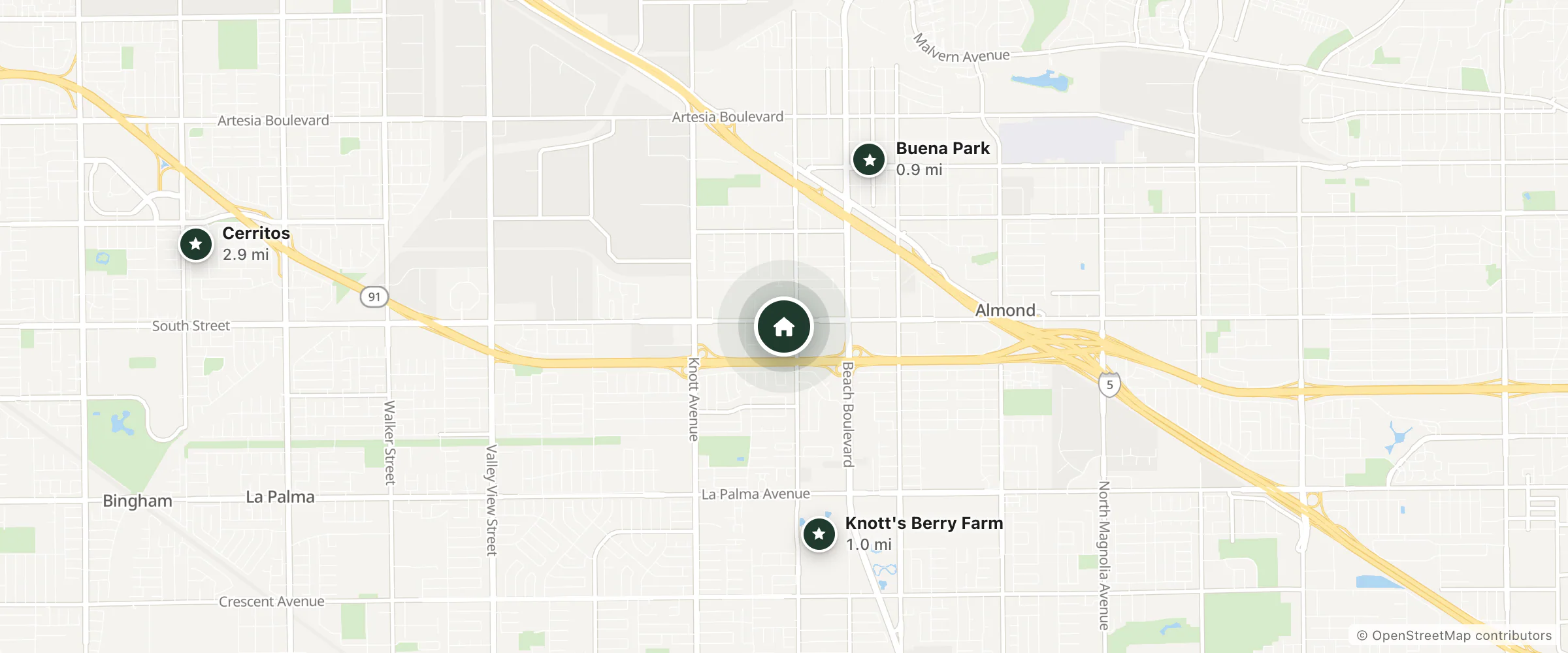 Map of Century Motel and nearby Buena Park, Knott's Berry Farm and Cerritos