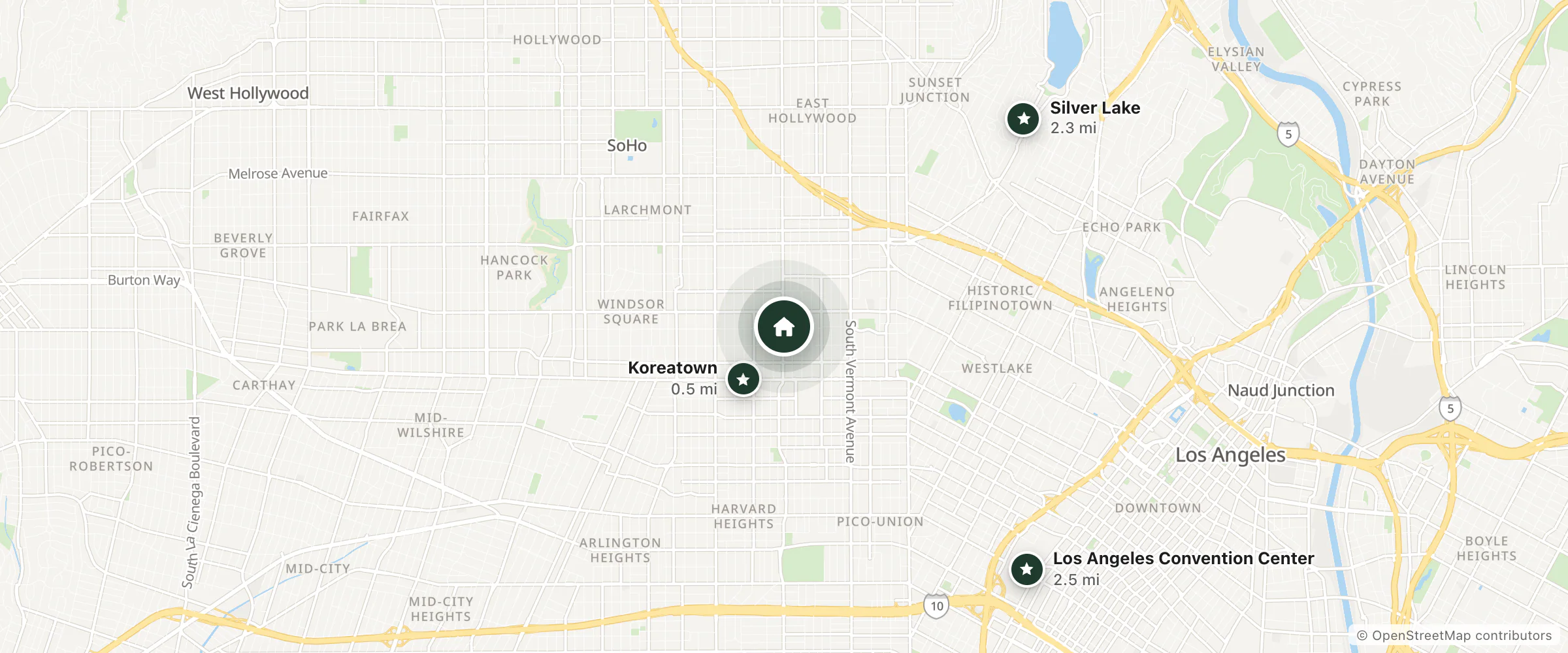 Map of Mama Apartment Hotel and nearby Koreatown, Silver Lake and Los Angeles Convention Center
