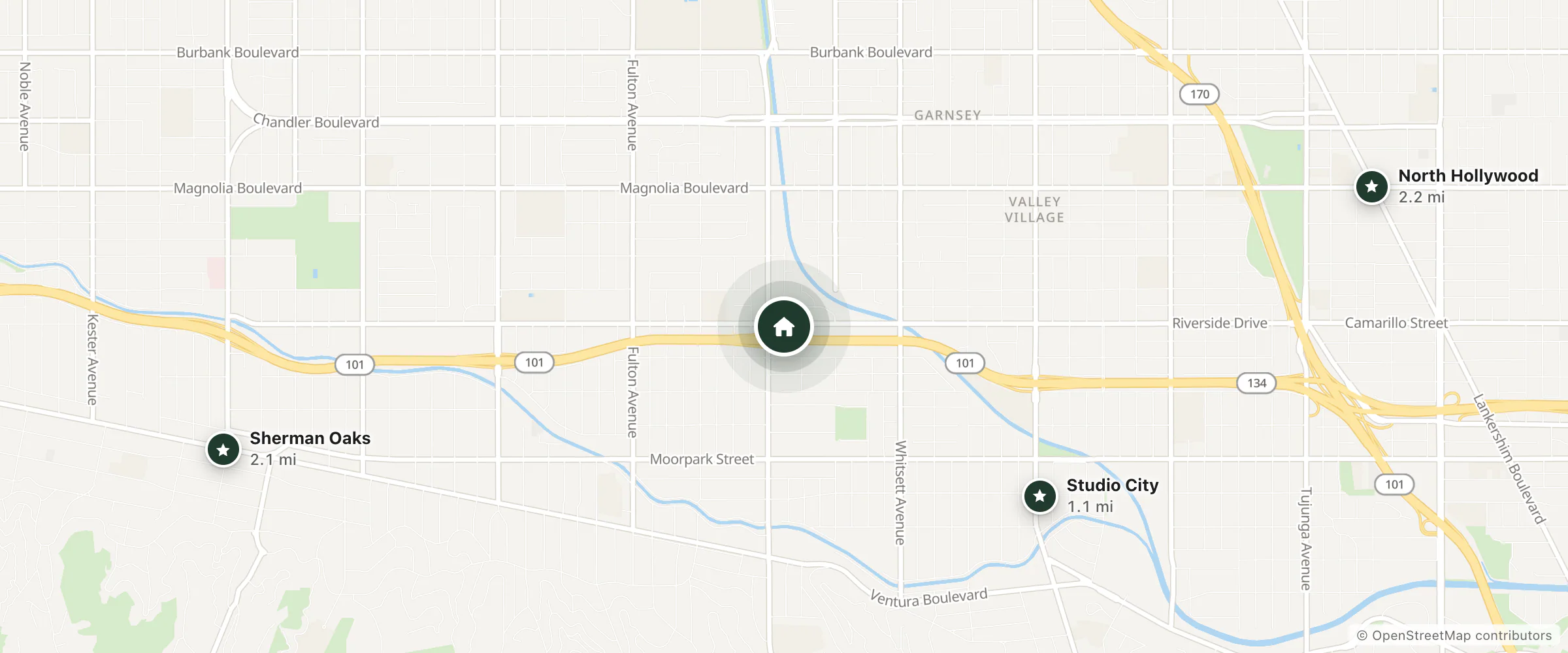 Map of Hotel Mariposa Los Angeles and nearby Studio City, Sherman Oaks and North Hollywood