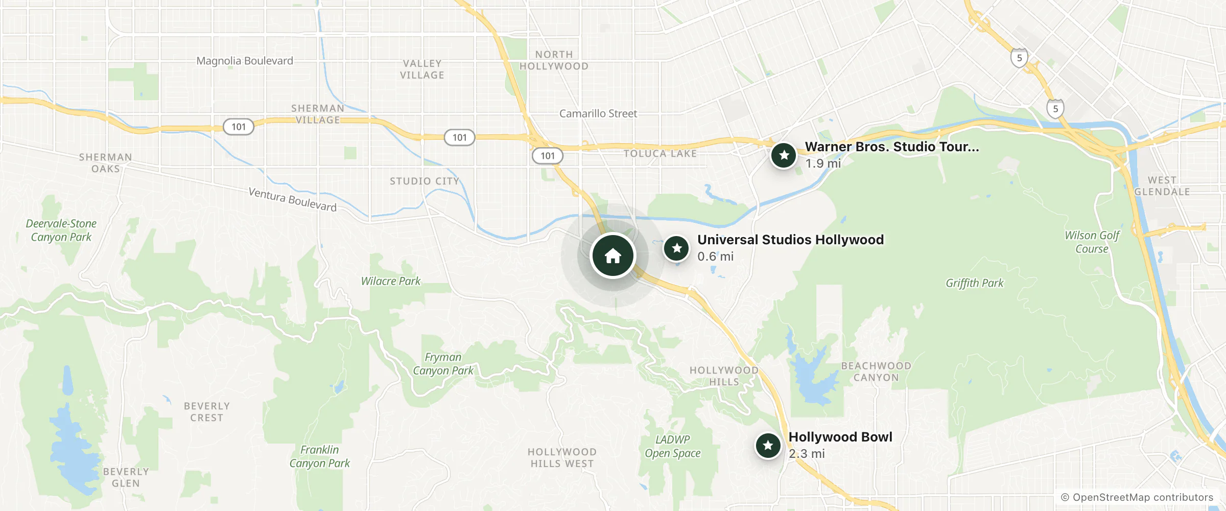 Map of BLVD Hotel Spa and nearby Universal Studios Hollywood, Warner Bros. Studio Tour Hollywood and Hollywood Bowl