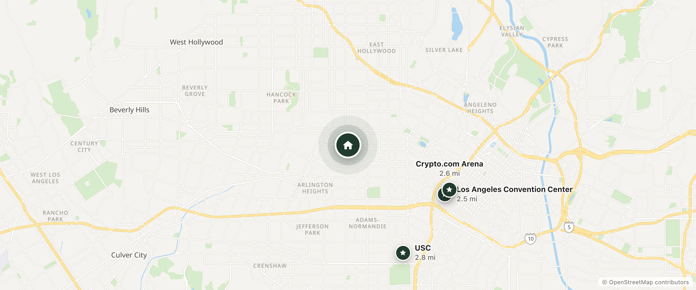 Map of Oxford Palace Hotel and nearby Los Angeles Convention Center, Crypto.com Arena and USC