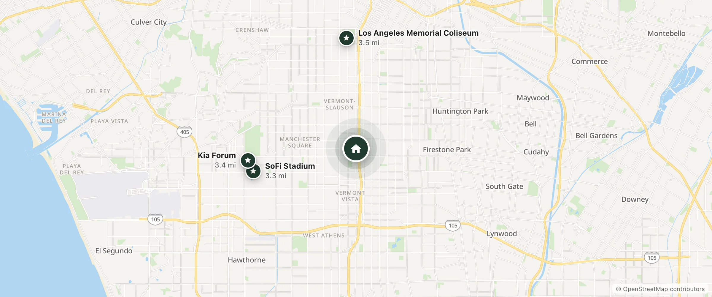 Map of Sunrise Motel and nearby SoFi Stadium, Kia Forum and Los Angeles Memorial Coliseum