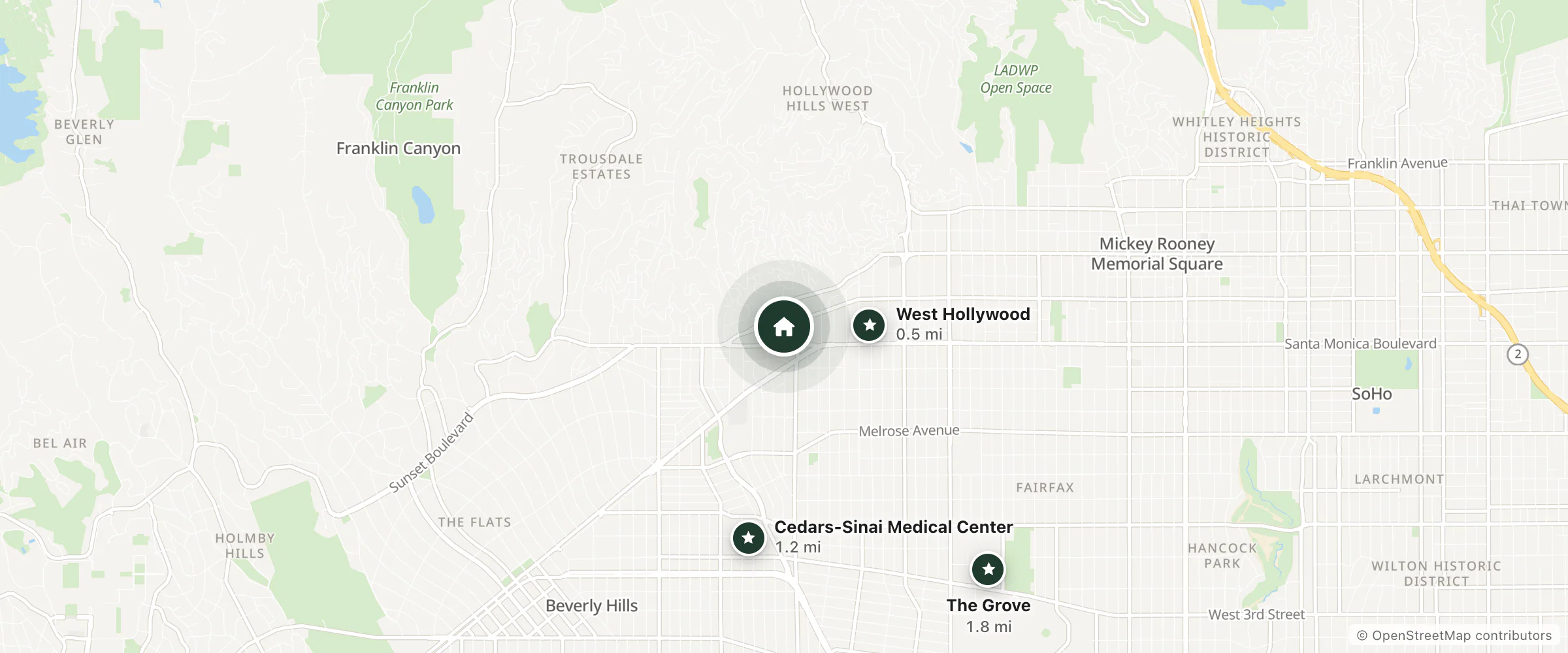 Map of Sunset Marquis and nearby West Hollywood, Cedars-Sinai Medical Center and The Grove