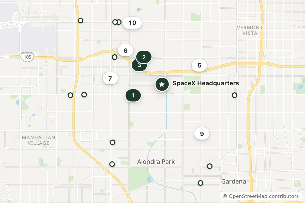 Map of the top 21 hotels for this question around SpaceX Headquarters