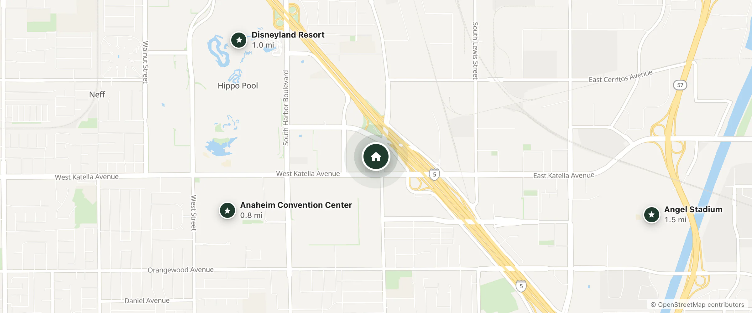 Map of Peacock Suites and nearby Anaheim Convention Center, Disneyland Resort and Angel Stadium