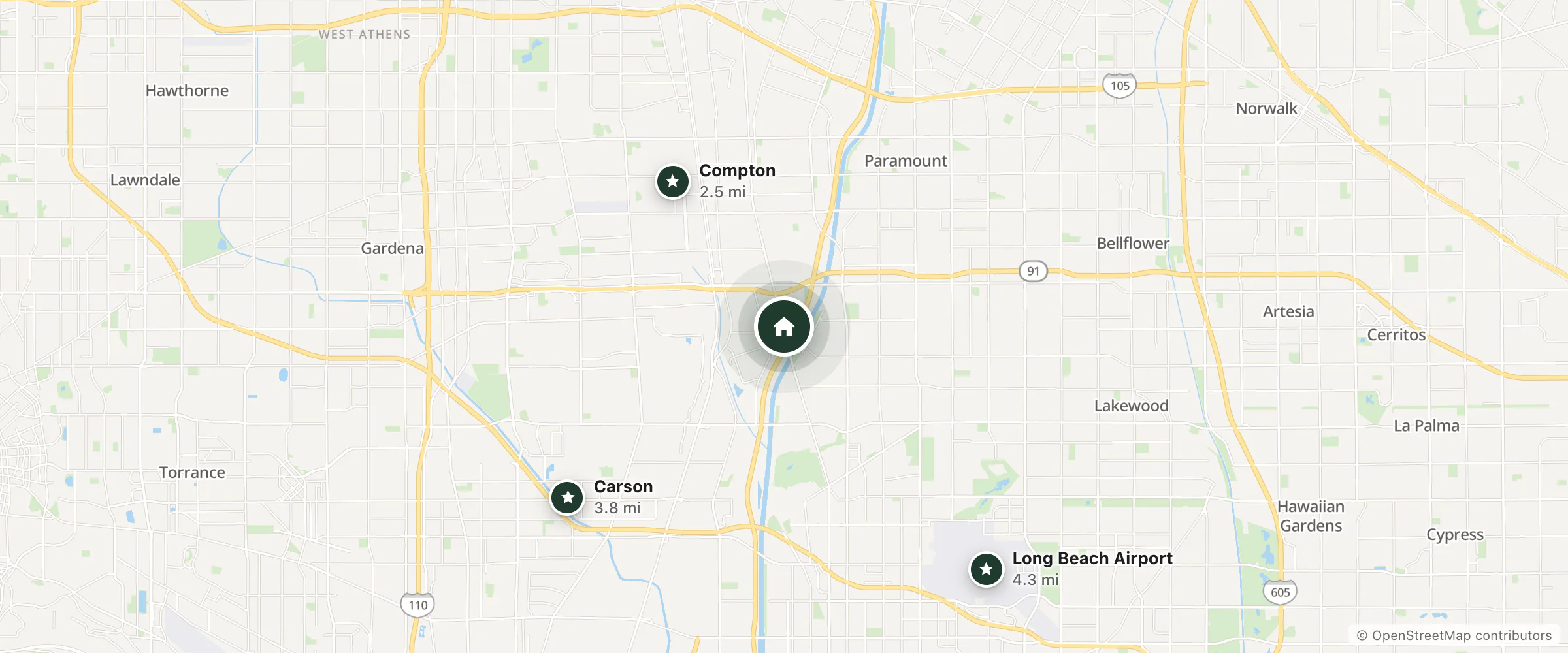 Map of Searle Motel and nearby Compton, Carson and Long Beach Airport