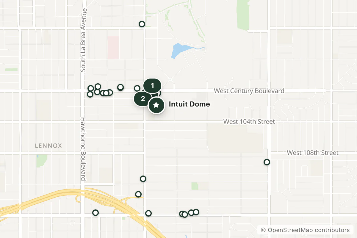 Map of the top 25 hotels for this question around Intuit Dome