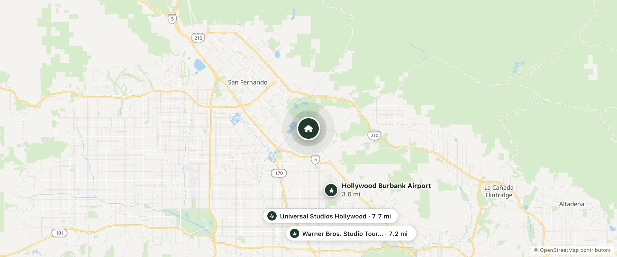 Map of Rose Brand Sun Valley and nearby Hollywood Burbank Airport, Warner Bros. Studio Tour Hollywood and Universal Studios Hollywood