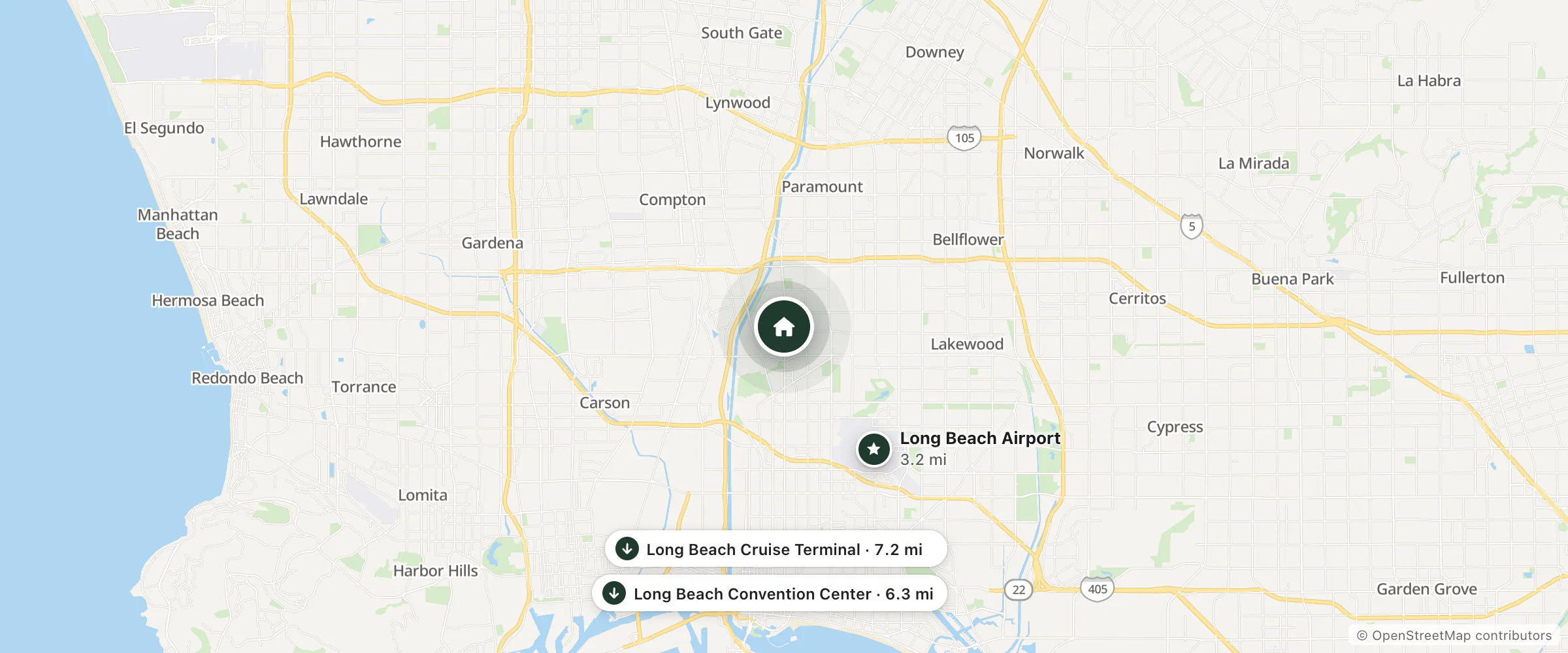 Map of Scottish Inns and nearby Long Beach Airport, Long Beach Convention Center and Long Beach Cruise Terminal