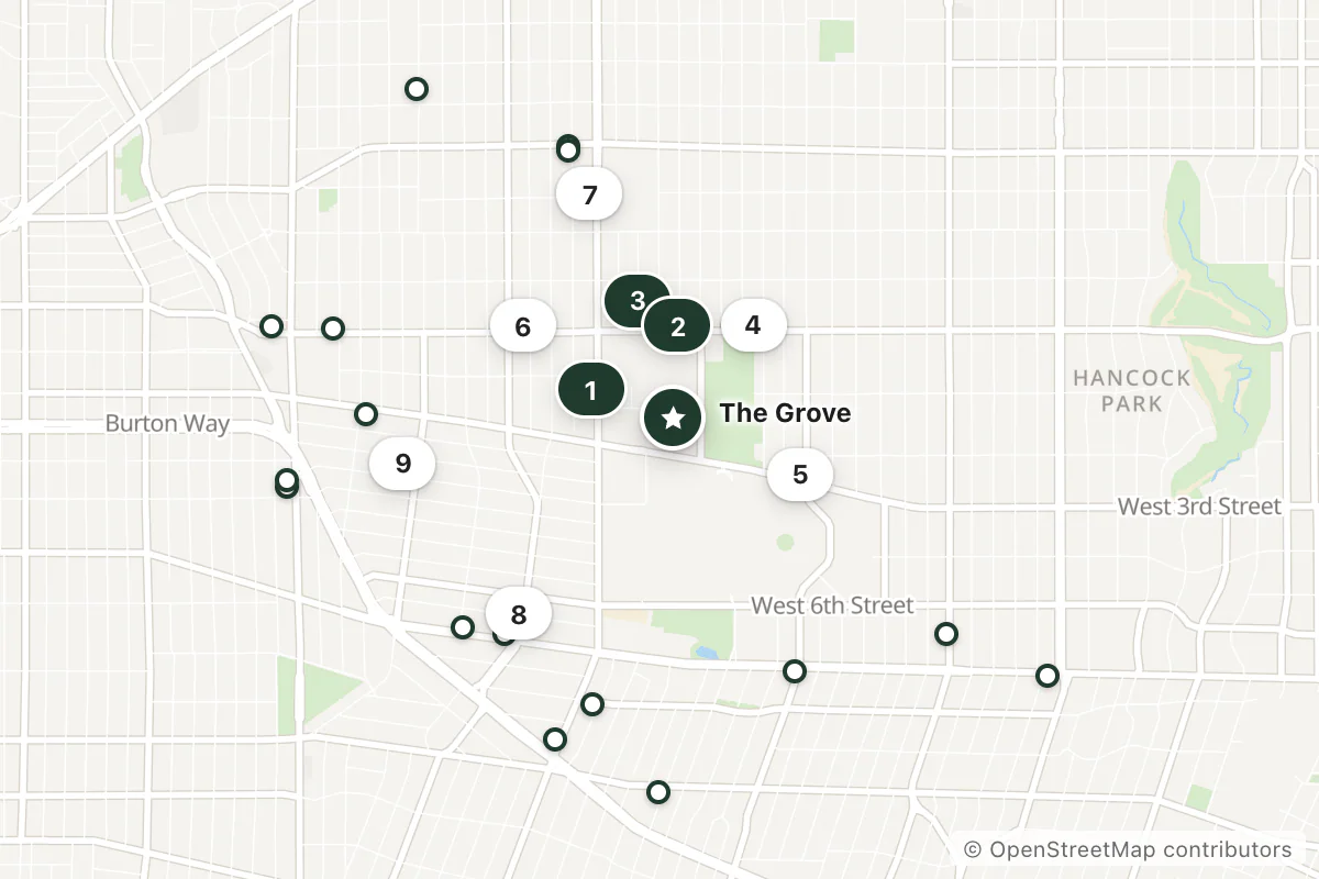 Map of the top 25 hotels for this question around The Grove