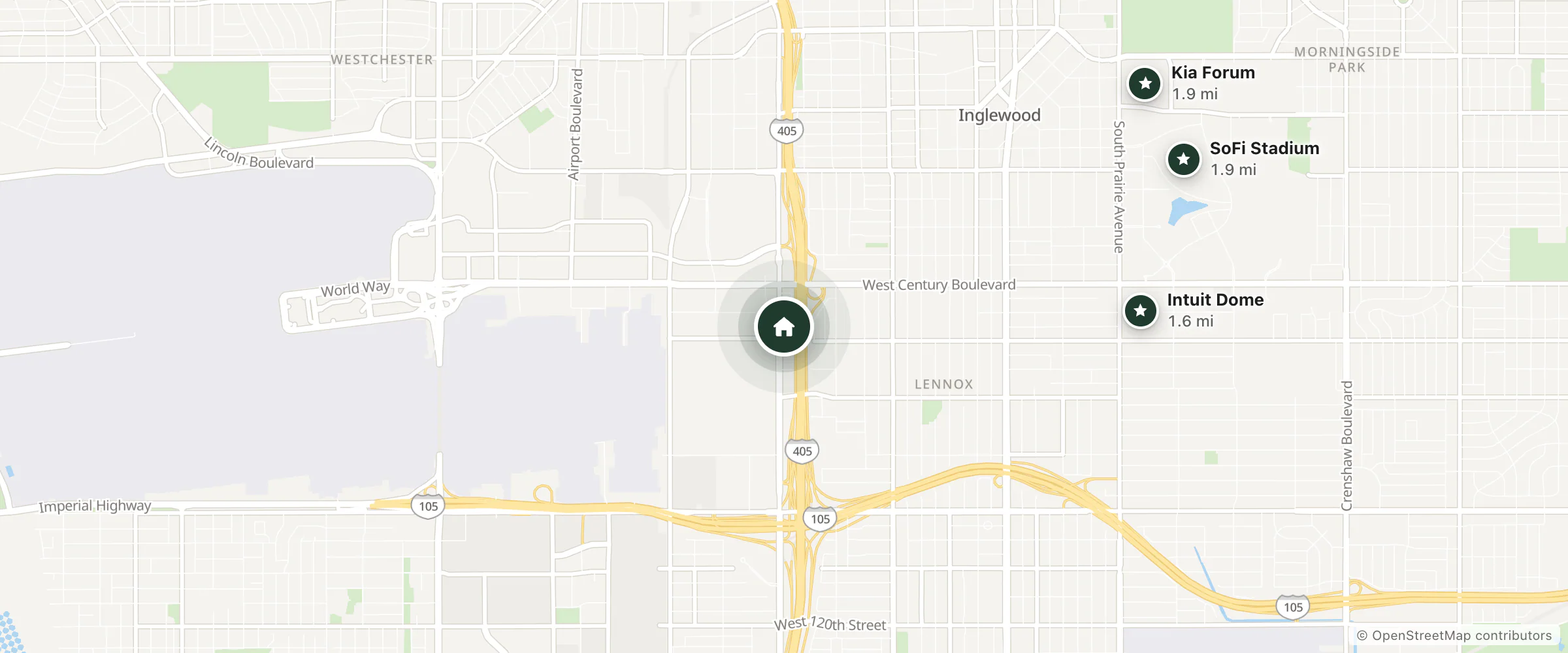 Map of Wingate by Wyndham Los Angeles International Airport LAX and nearby Intuit Dome, SoFi Stadium and Kia Forum