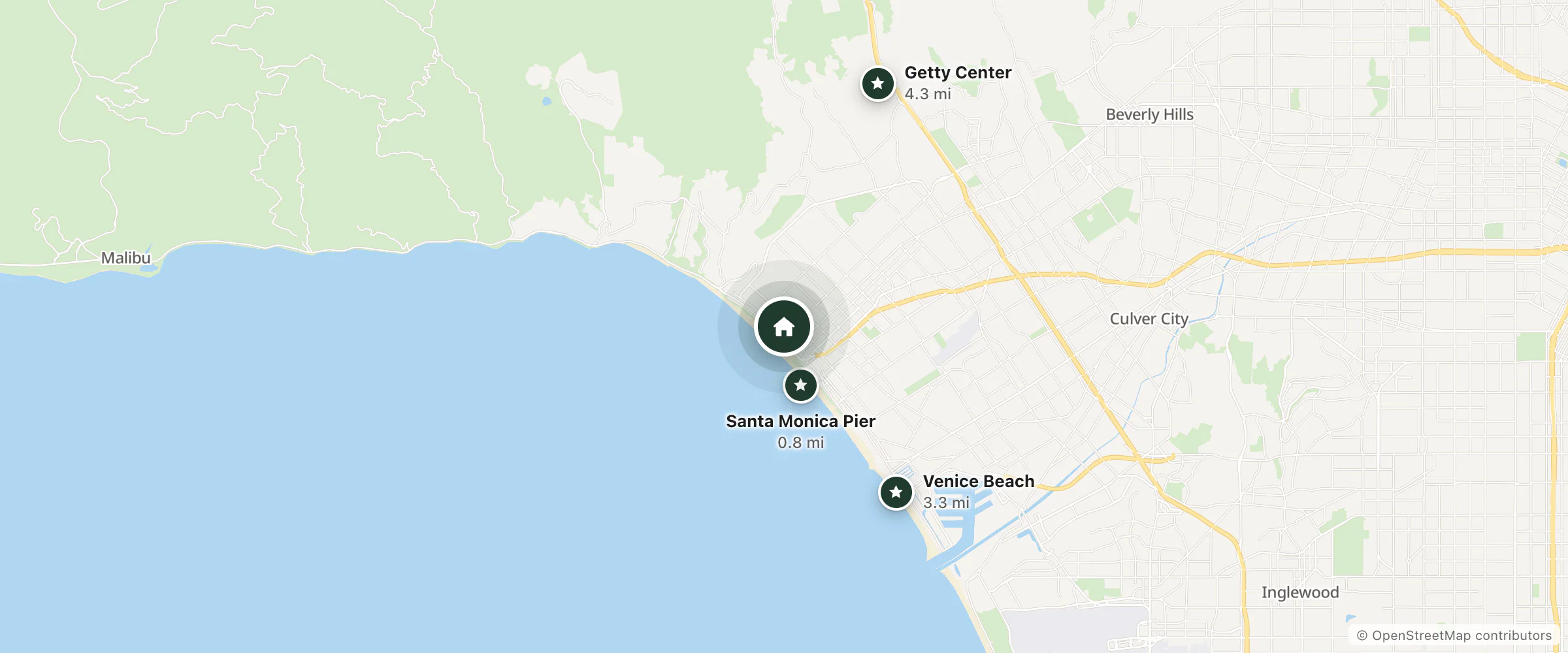 Map of Cal Mar Hotel Suites and nearby Santa Monica Pier, Venice Beach and Getty Center