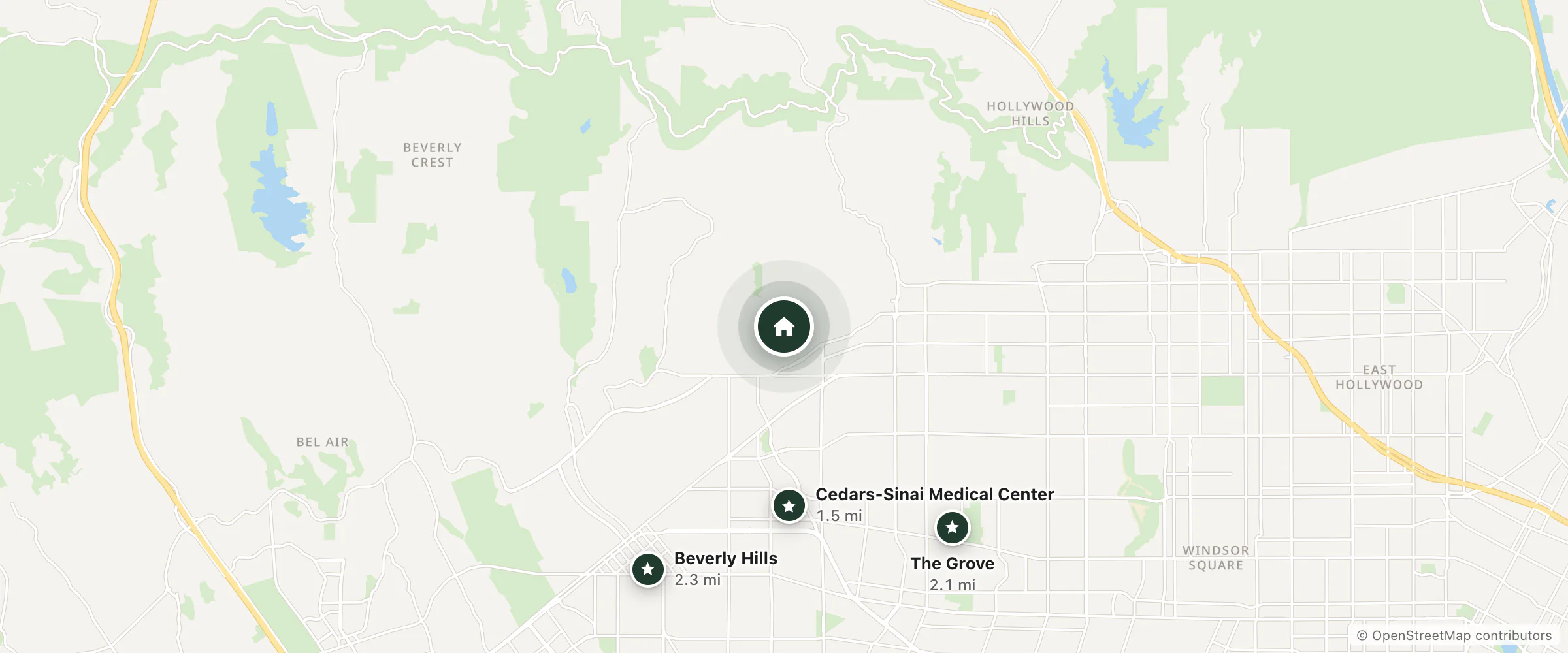 Map of The Lew House and nearby Cedars-Sinai Medical Center, The Grove and Beverly Hills