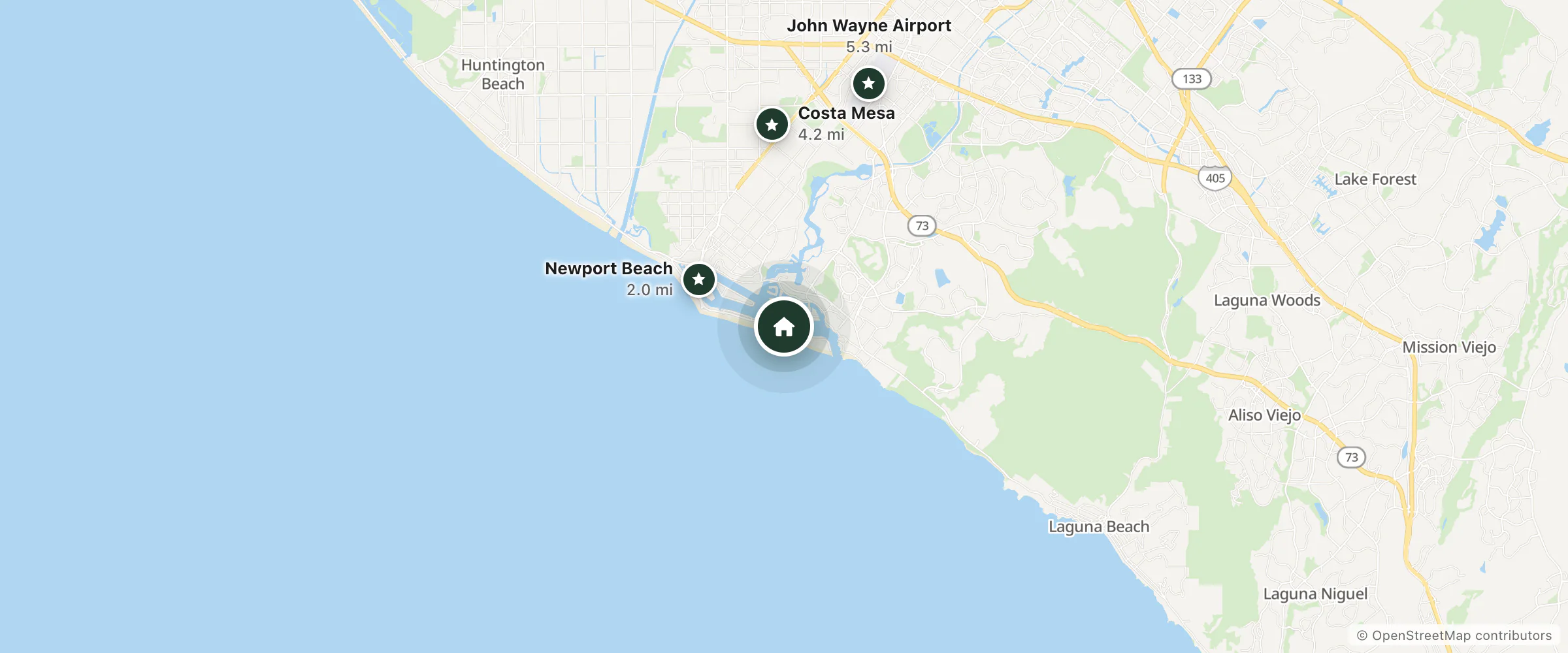 Map of Holiday Harbor Cruises and nearby Newport Beach, Costa Mesa and John Wayne Airport