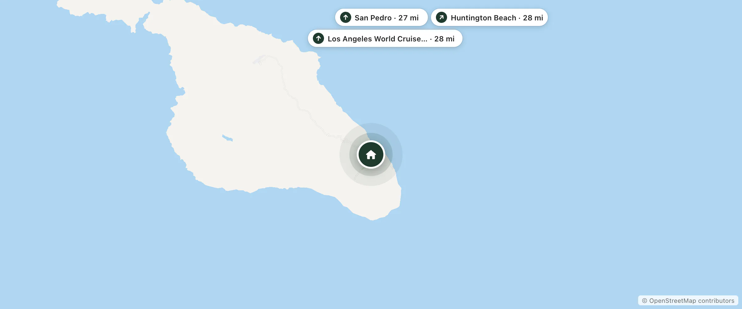Map of Catalina Lodge and nearby San Pedro, Los Angeles World Cruise Center and Huntington Beach