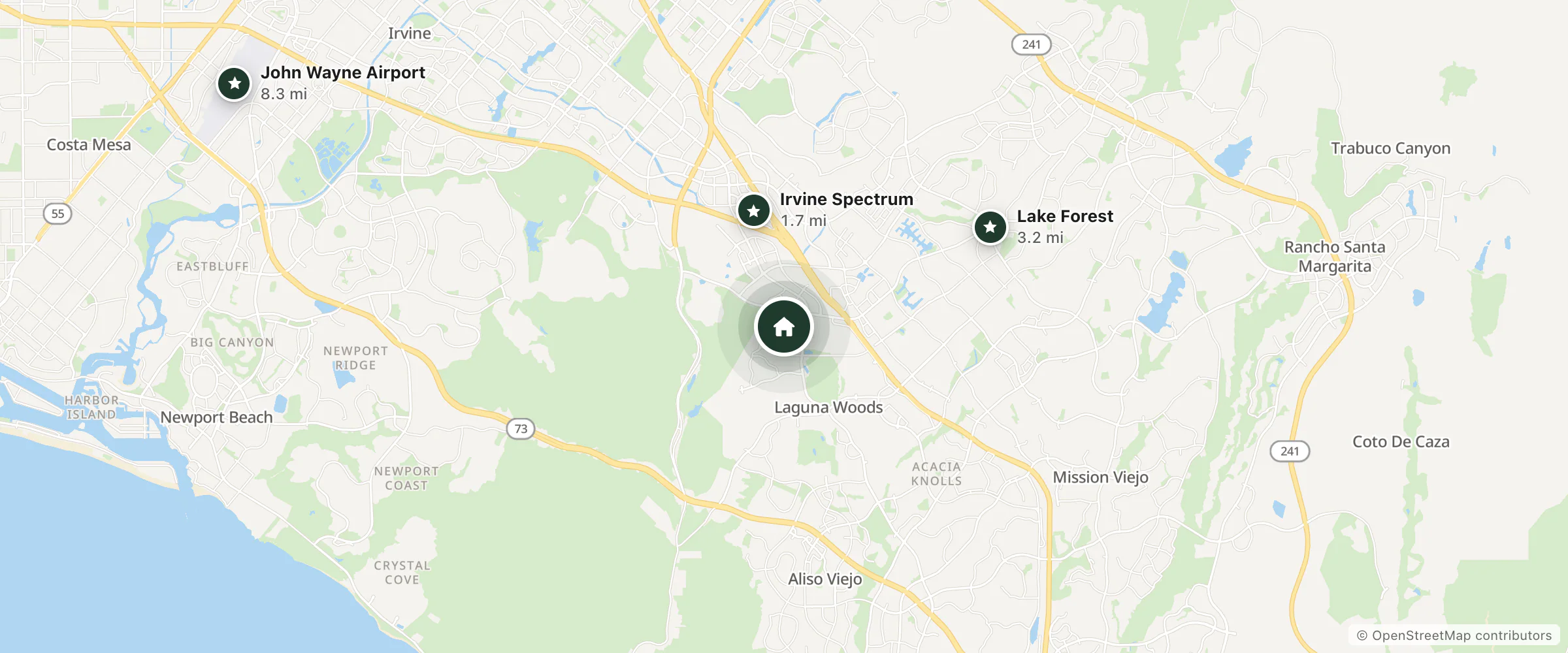 Map of Capistrano Surfside Inn and nearby Irvine Spectrum, Lake Forest and John Wayne Airport