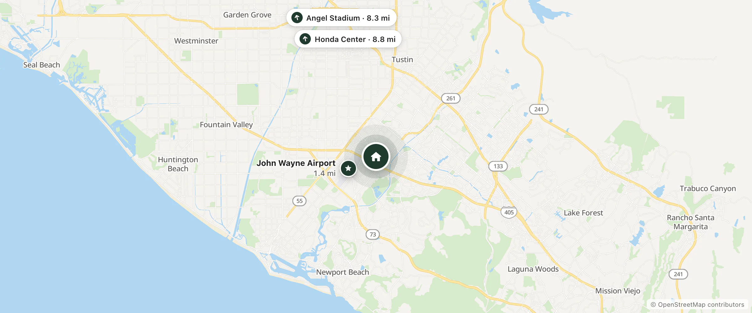 Map of Hyatt House Irvine/John Wayne Airport and nearby John Wayne Airport, Angel Stadium and Honda Center