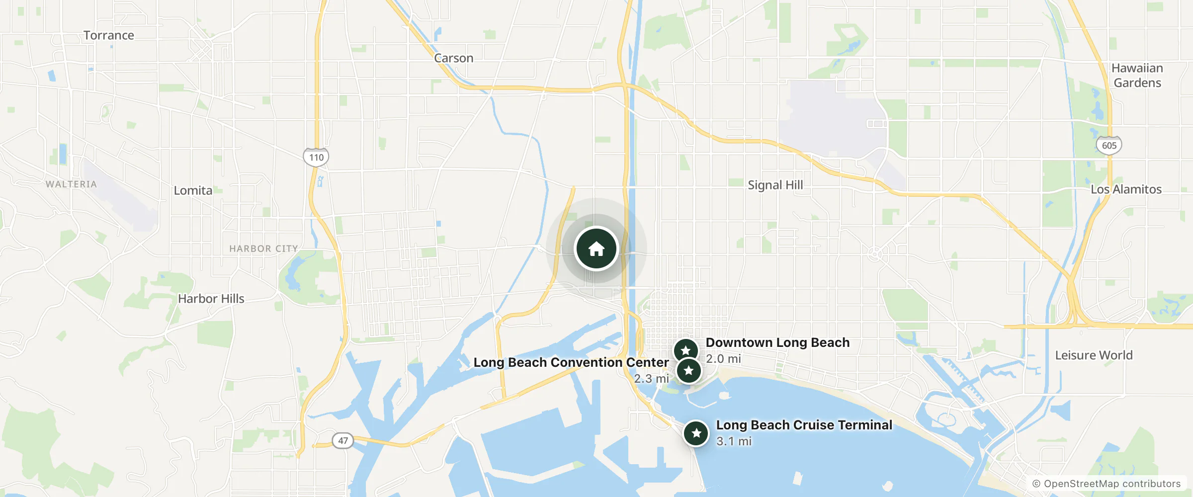 Map of Kearney Motel and nearby Downtown Long Beach, Long Beach Convention Center and Long Beach Cruise Terminal