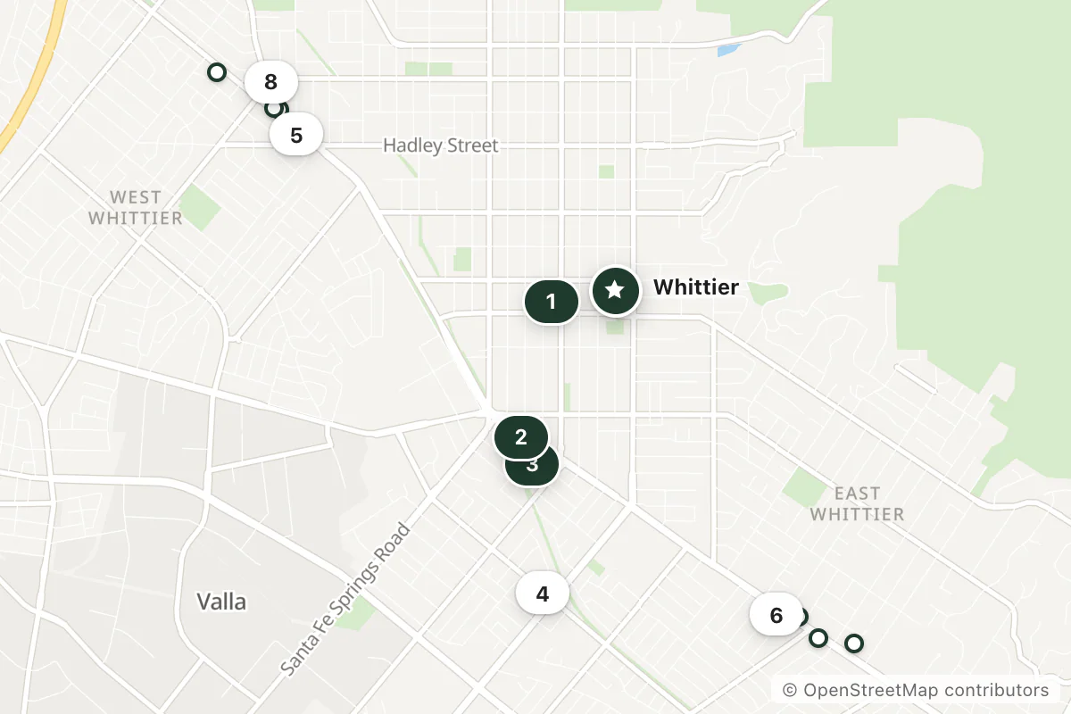 Map of the top 13 hotels for this question around Whittier