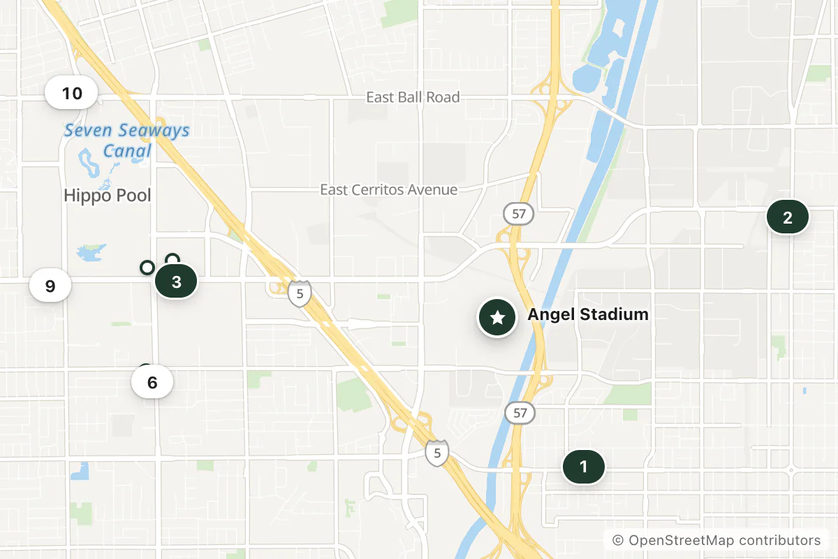 Map of the top 10 hotels for this question around Angel Stadium