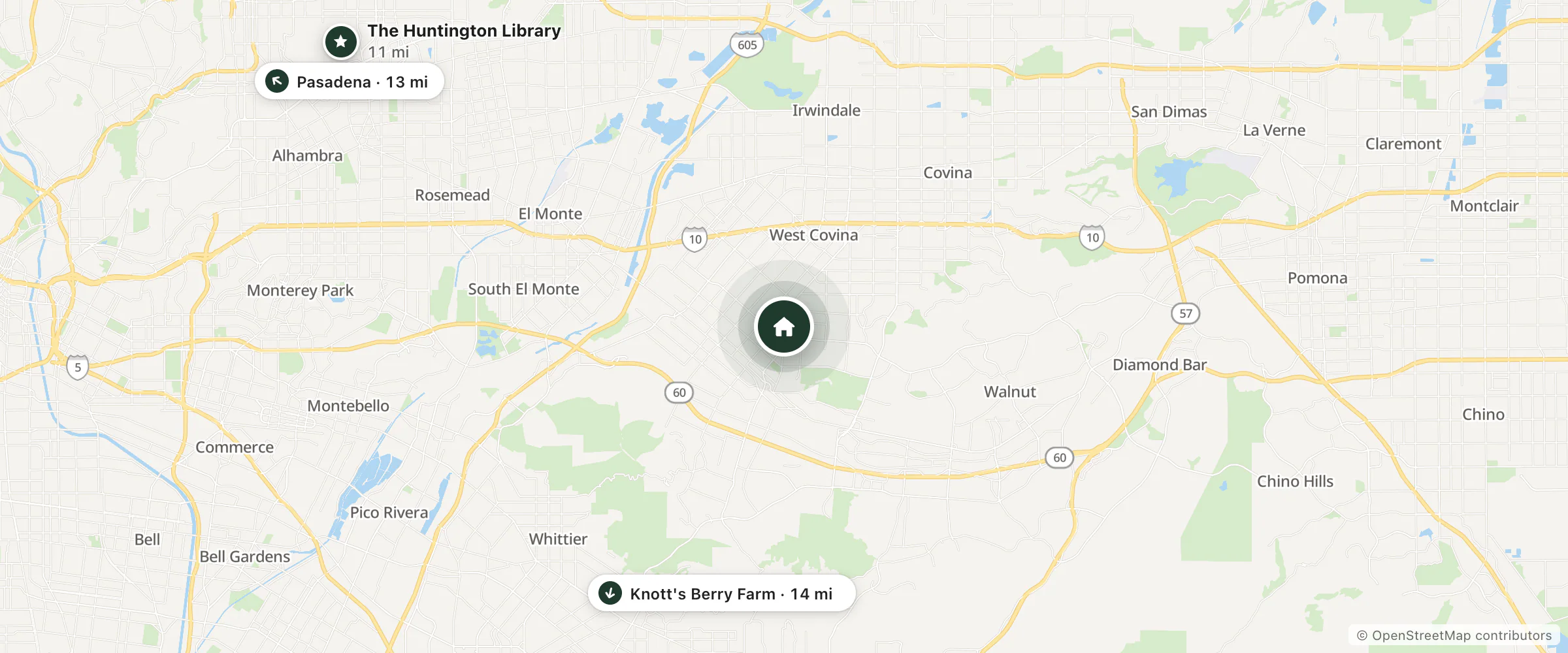 Map of Hacienda Inn and Suites and nearby The Huntington Library, Pasadena and Knott's Berry Farm