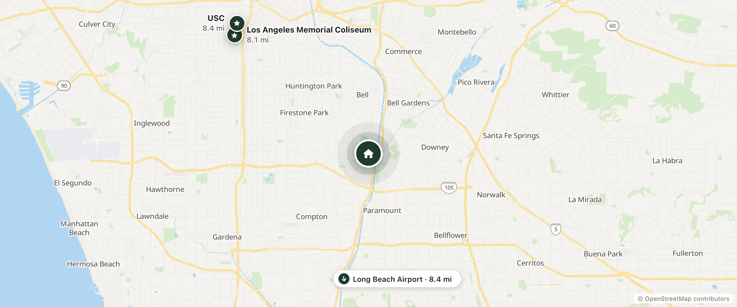 Map of Nendels Valu Inn and nearby Los Angeles Memorial Coliseum, Long Beach Airport and USC
