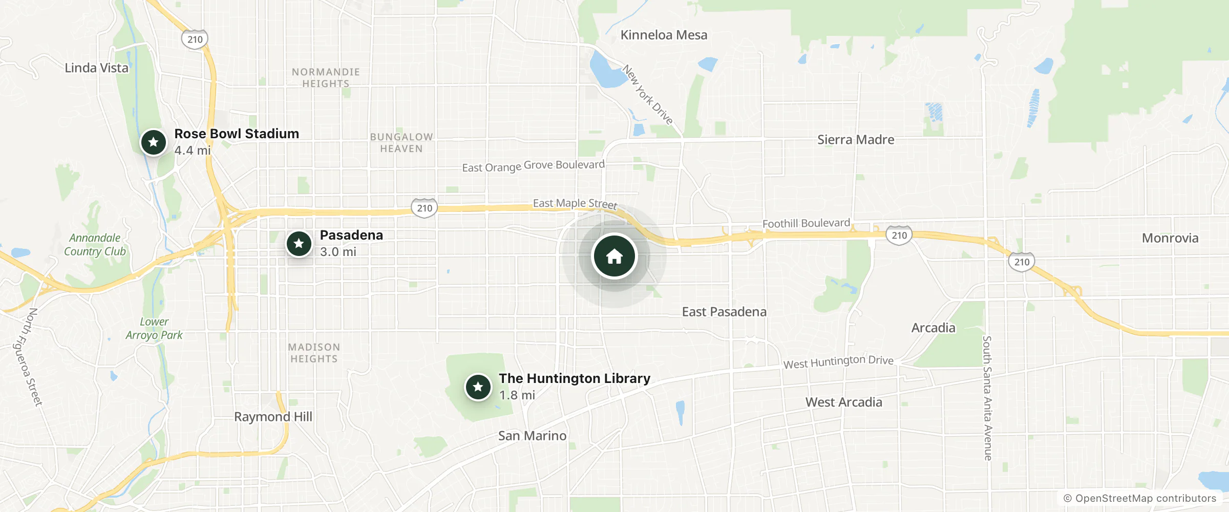 Map of Astro Pasadena Hotel and nearby The Huntington Library, Pasadena and Rose Bowl Stadium