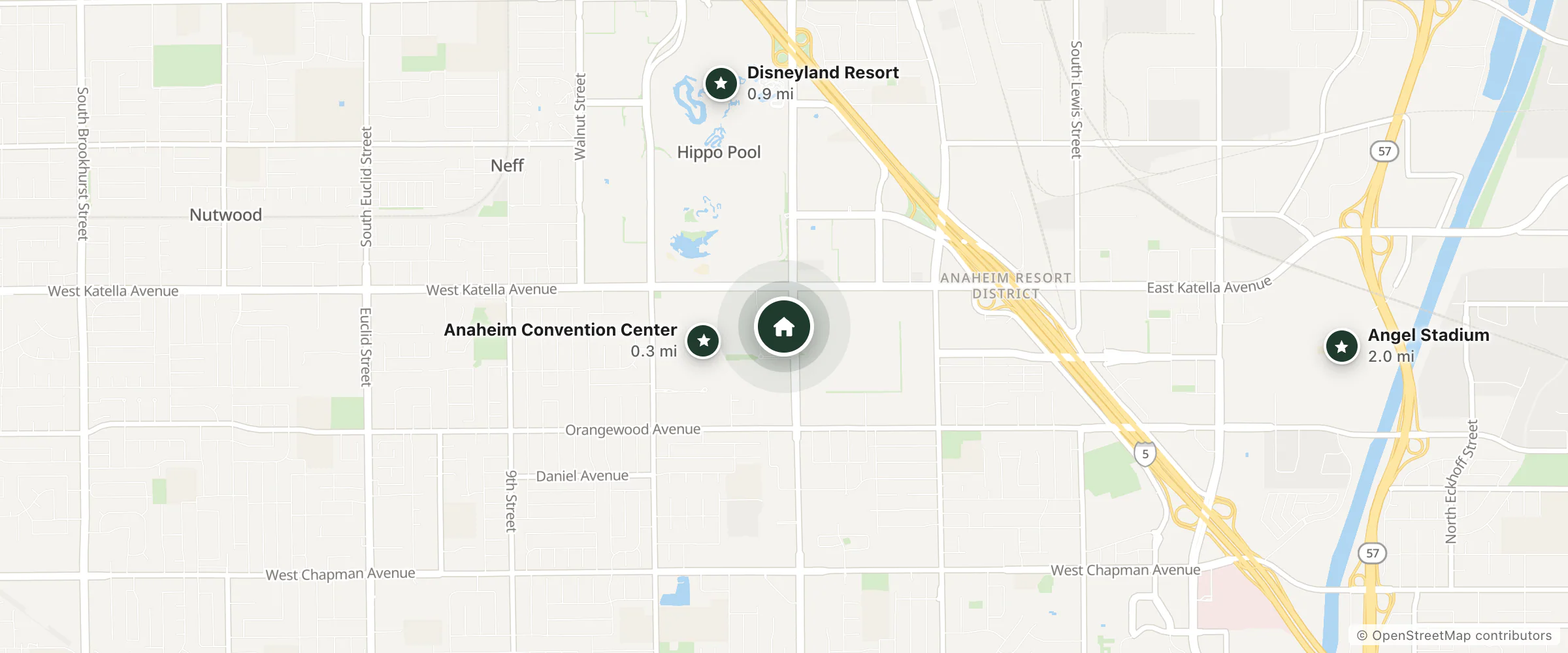 Map of Sheraton Park Hotel at the Anaheim Resort and nearby Anaheim Convention Center, Disneyland Resort and Angel Stadium