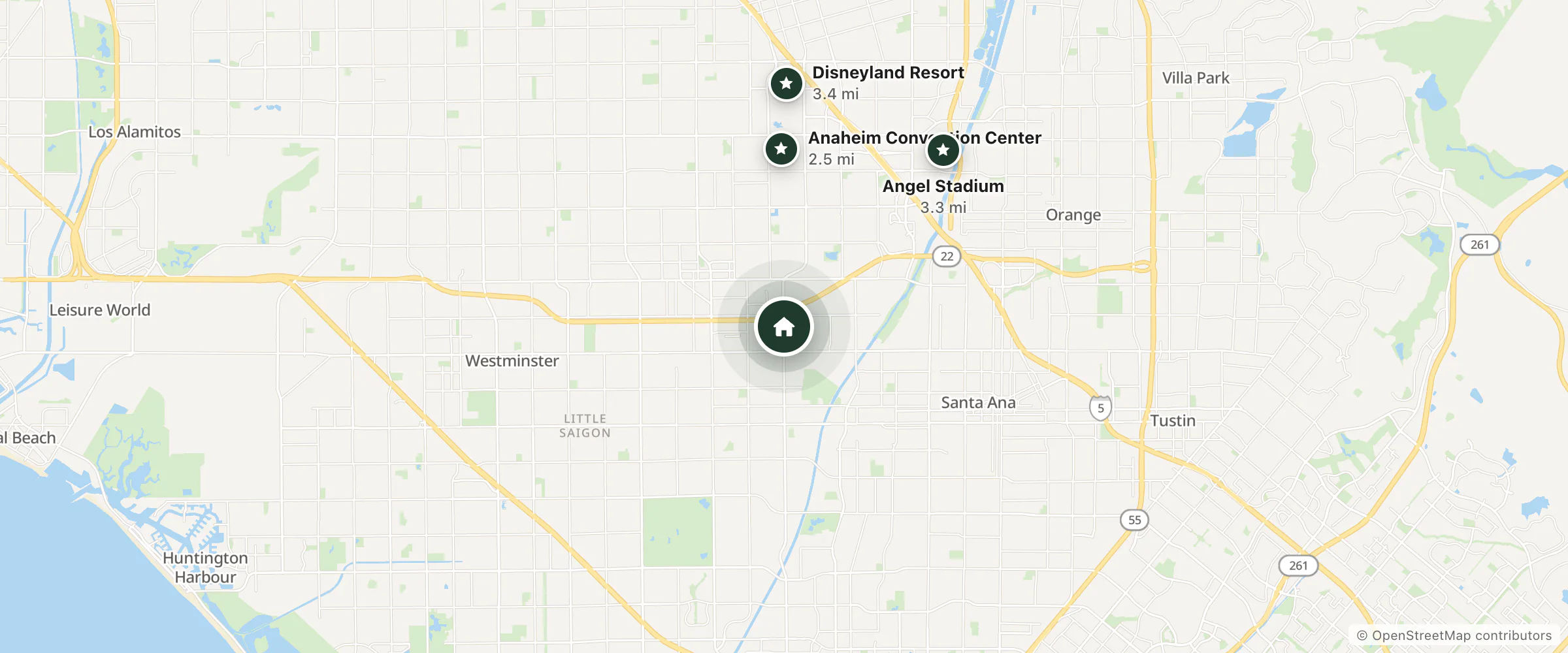 Map of Home2 Suites by Hilton Garden Grove Anaheim and nearby Anaheim Convention Center, Angel Stadium and Disneyland Resort